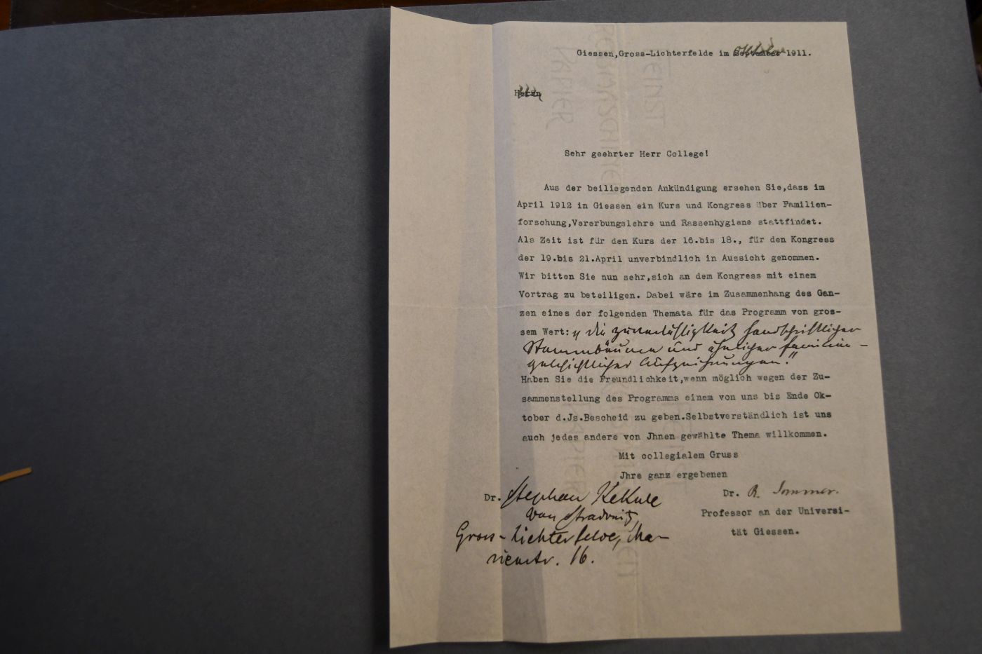 Einseitiger, unterschriebener, maschinenschriftlicher Brief des deutschen Psychiaters Robert Sommer (1864-1937) an Stephan Kekule von Stradonitz vom Oktober 1911.