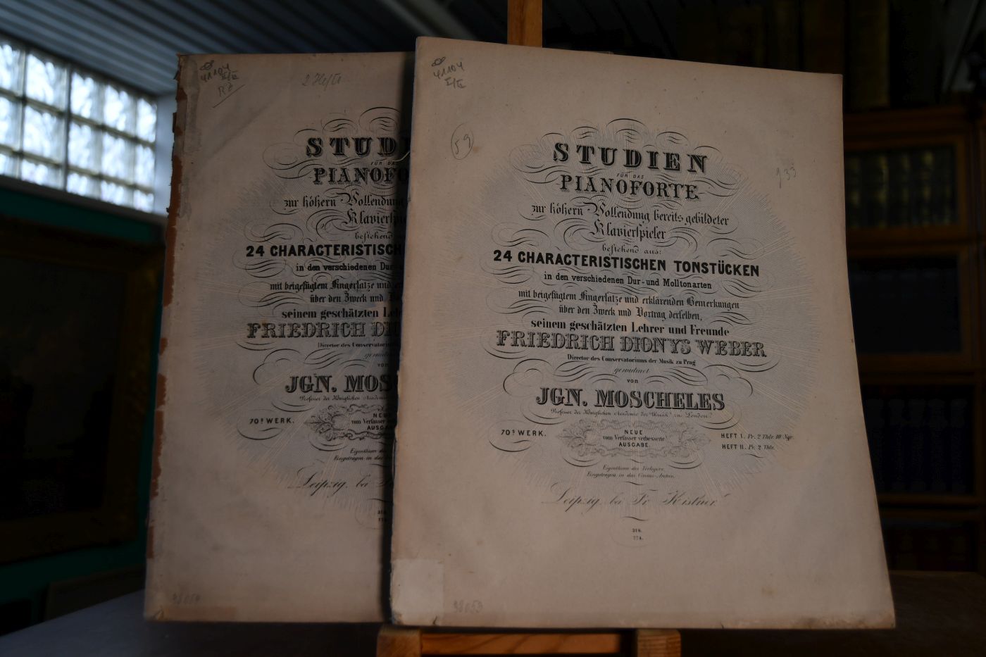 Studien für das Pianoforte zur höhern Vollendung bereits gebildeter Klavierspieler bestehend aus 24 characteristischen Tonstücken in verschiedenen Dur- und Molltonarten mit beigefügtem Fingersatze und erklärenden Bemerkungen über den Zweck und Vortrag derselben, seinem geschätzten Lehrer und Freunde Friedrich Dionys Weber gewidmet. 2 Hefte.