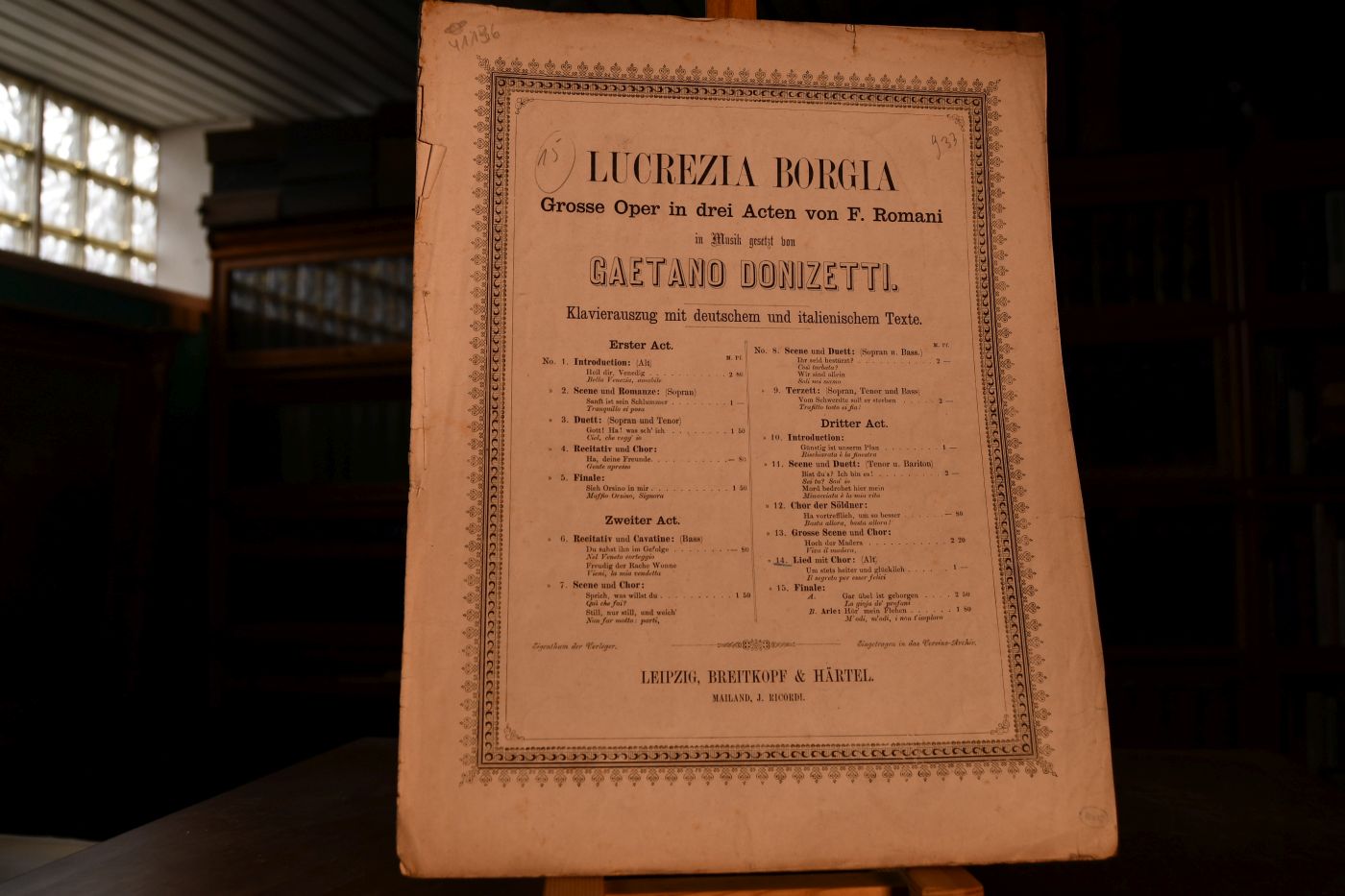 Lucrezia Borgia. Grosse Oper in drei Acten von F. Romani in Musik gestzt von Gaetano Donizetti. Klavierauszug mit deutschem und italienischem Texte. Nr 14 Lied mit Chor Um stets heiter und glücklich (Alt).