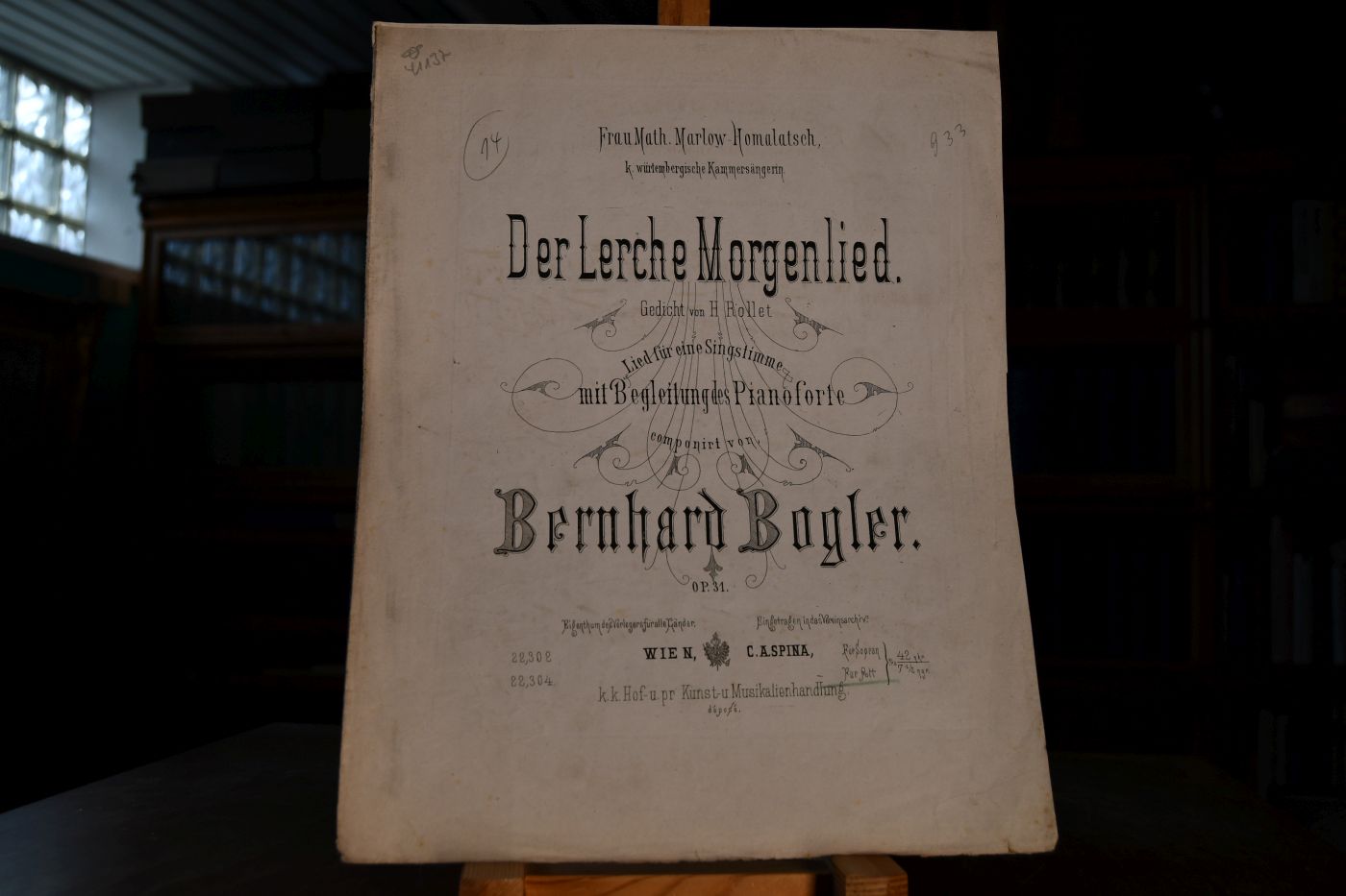 Der Lerche Morgenlied. Gedicht von H. Rollet. Lied für eine Singstimme mit Begleitung des Pianoforte. Op. 31. Frau Math. Marlow-Homalatsch k. würtembergische Kammersängerin.