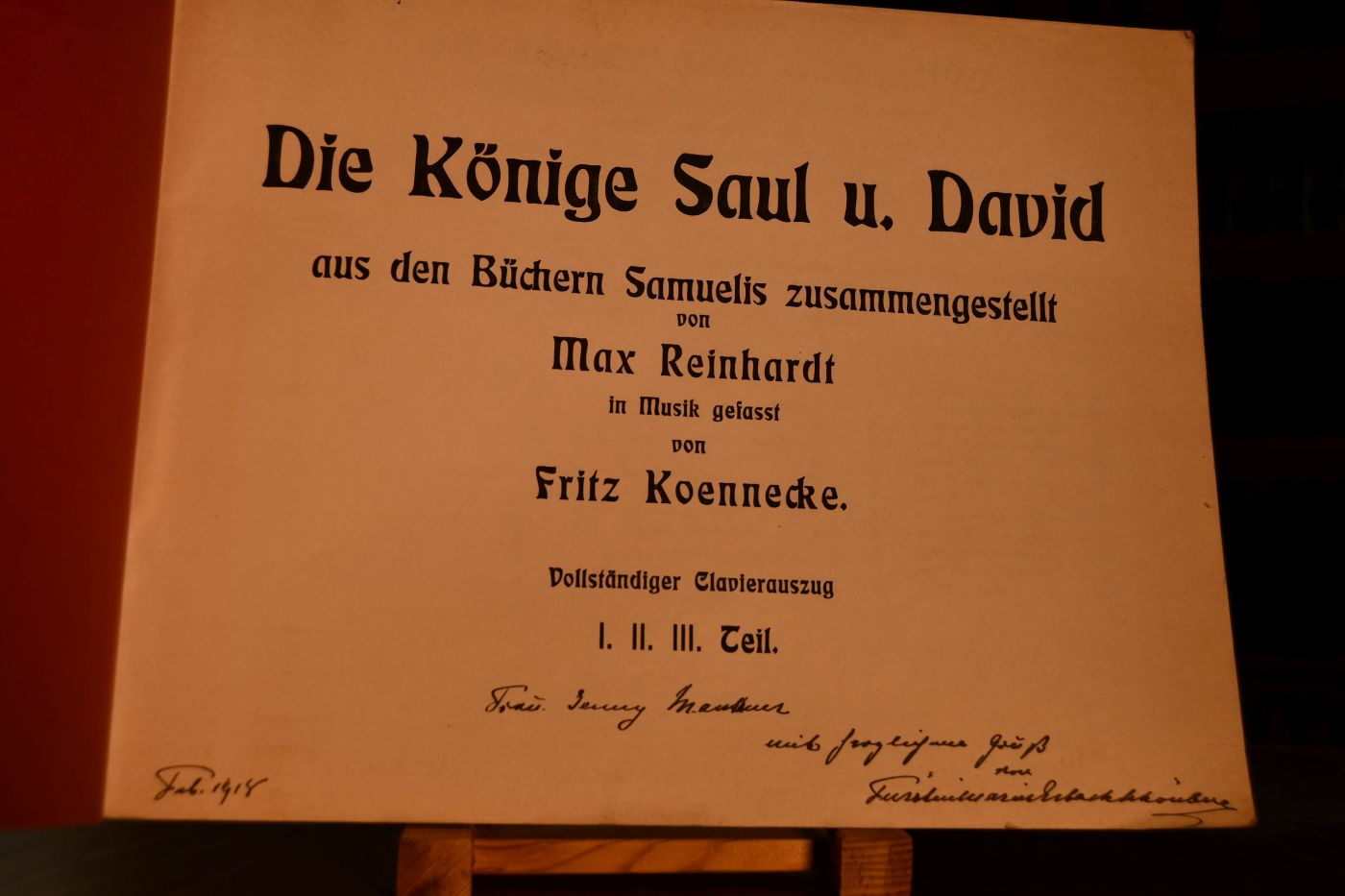 Die Könige Saul u. David aus den Büchern Samuelis zusammengestellt von Max Reinhardt in Musik gefasst von Fritz Koennecke. Vollständiger Clavierauszug 1., II., III. Teil.