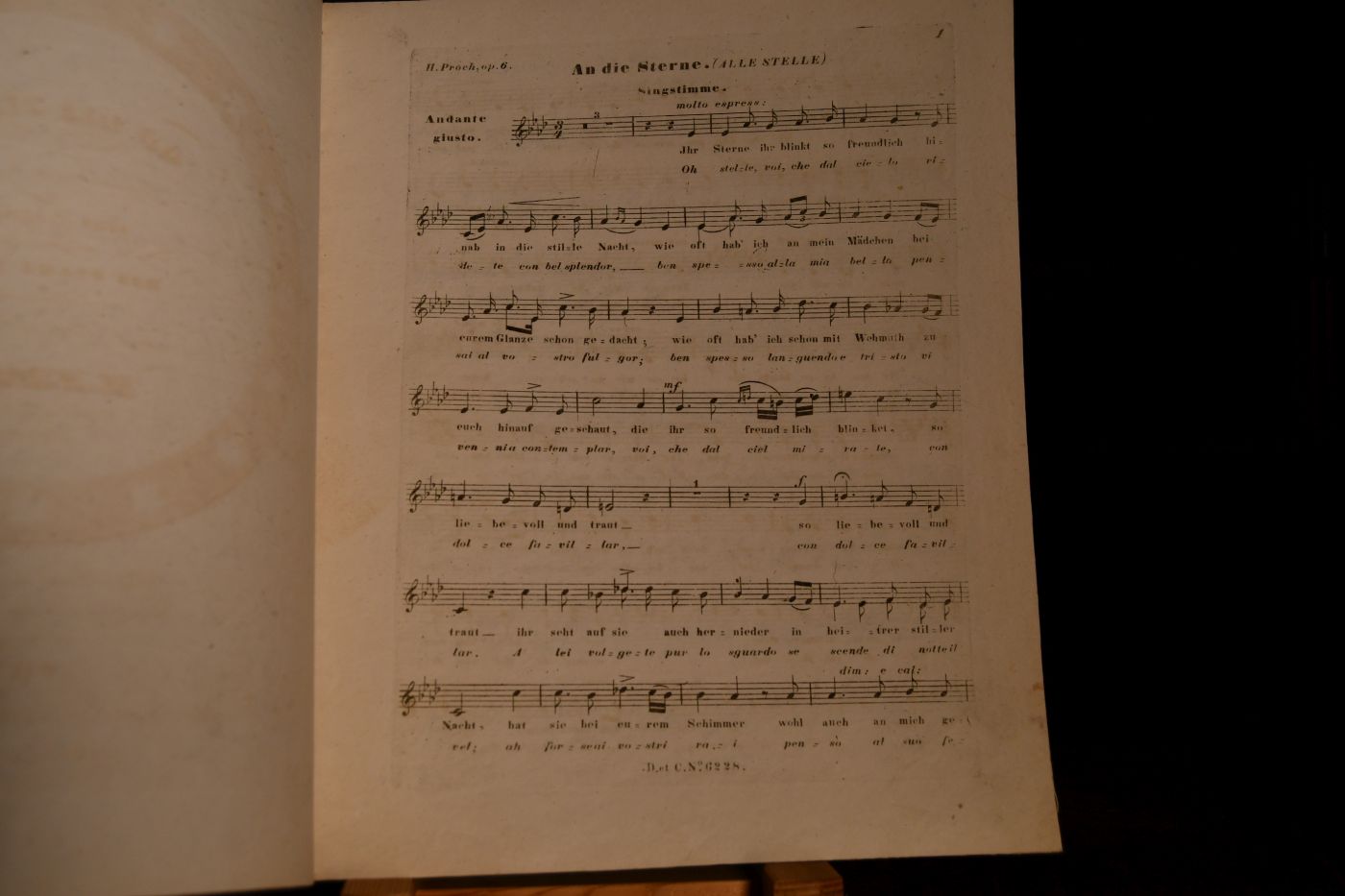 An die Sterne. Gedichtet und in Musik gesetzt für eine Singstimme mit Begleitung des Piano-Forte, (und des Violoncell ad lib.). Heinrich Proch 6. Werk.