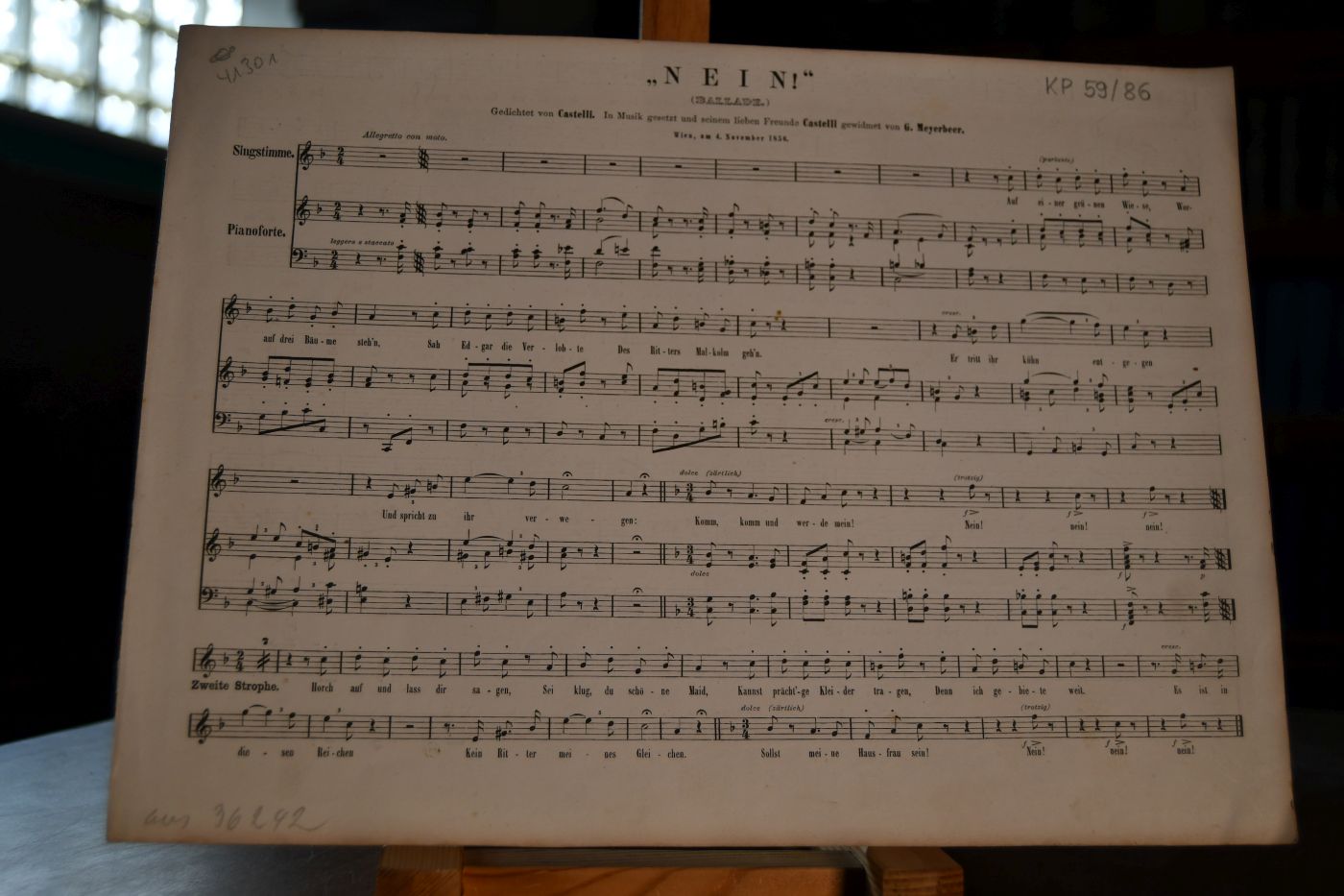 "Nein!" (Ballade.) Gedichtet von Castelli. In Musik gesetzt und seinem lieben Freunde Castelli gewidmet von G. Meyerbeer. WIen, am 4. November 1856.