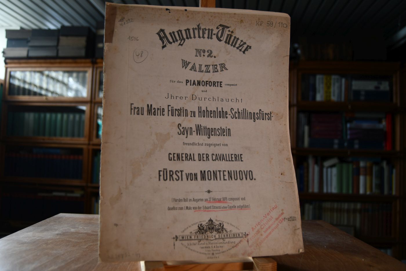 Augarten-Tänze. No. 2 Walzer für das Pianoforte componirt und Ihrer Durchlaucht Frau Marie Fürstin zu Hohenlohe-Schillingsfürst-Sayn-Wittgenstein freundlichst zugeeignet von General der Cavallerie Fürst von Montenuovo. (für den Ball im Augarten am 27. Februar 1876 componirt und dasselbst zum 1. Male von der Eduard Strauss`schen Capelle aufgeführt).