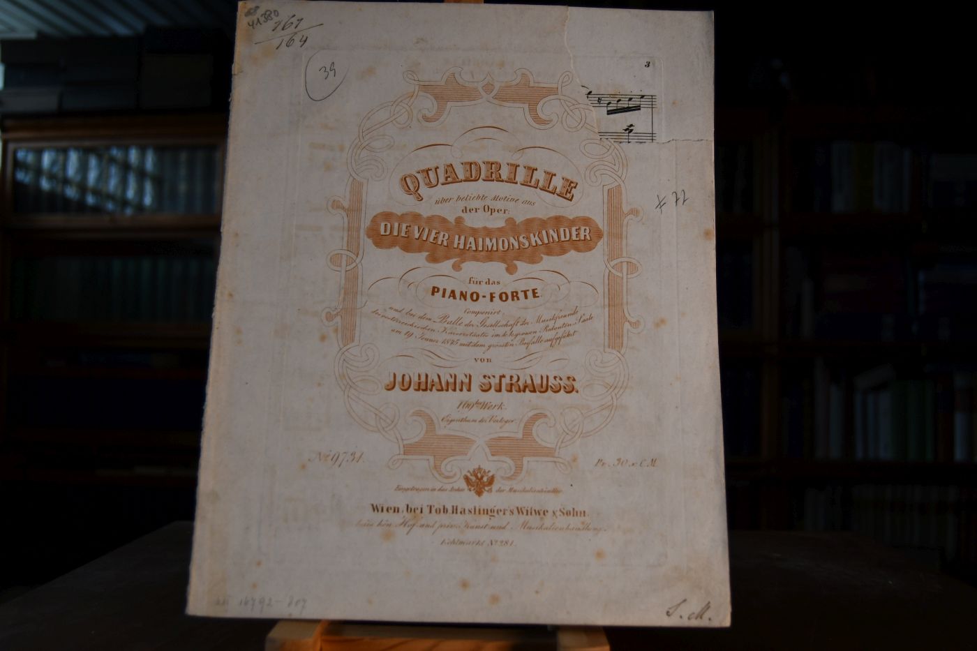 Quadrille über beliebte Motive aus der Oper Die vier Haimonskinder für das Piano-Forte componiert, und bei dem Balle der Gesellschaft der Musikfreunde des oesterreichischen Kaiserstaates im k. k. großen Redouten-Saale am 19. Jenner 1845 mit dem grössten Beifalle aufgeführt. 169. Werk.