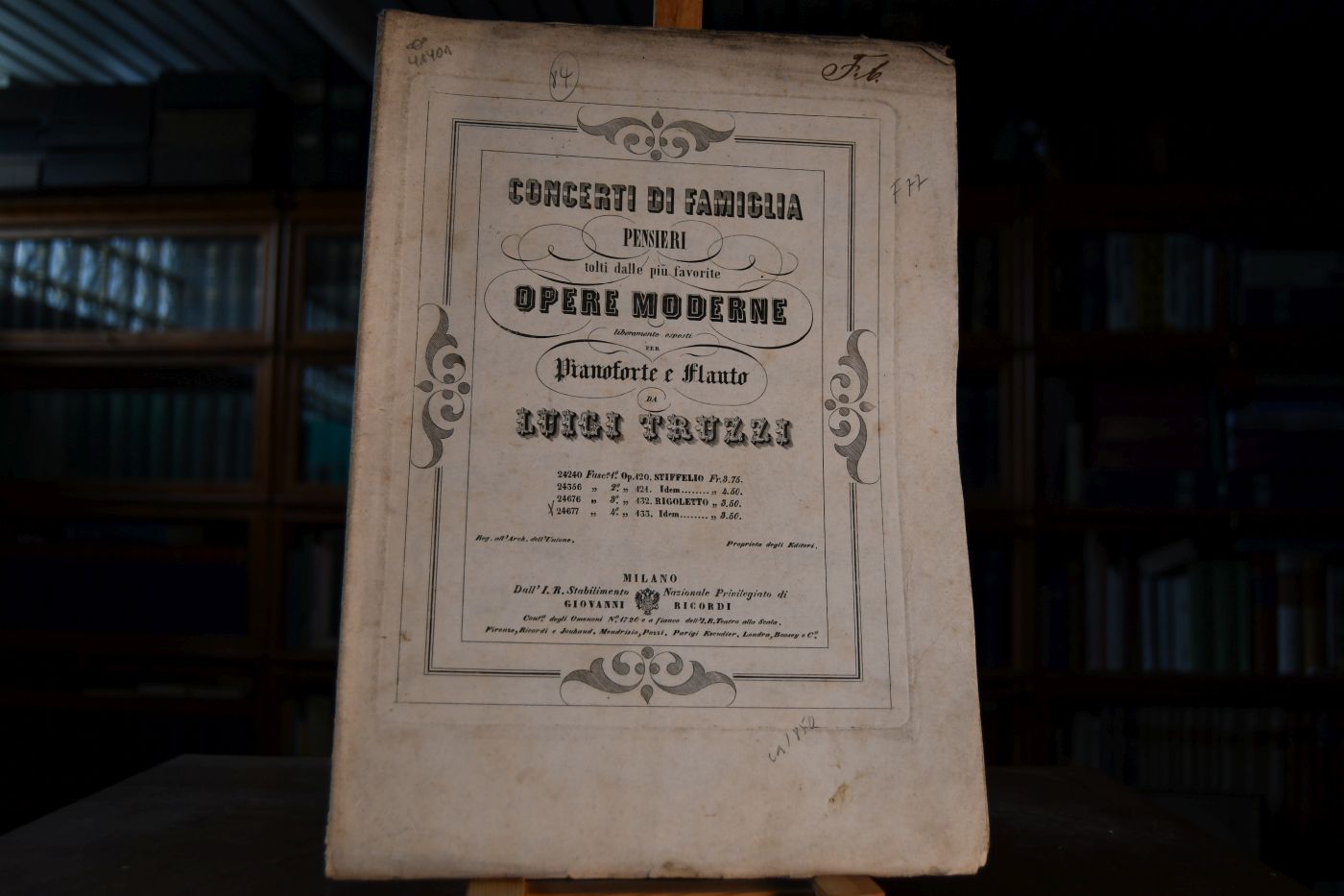 Concerti di Famiglia pensieri tolti dalle piu favorite Opere moderne liberamente esposti per Pianoforte e flauto da Luigi Truzzi 24677, Fasc. 4, Op. 133, Rigoletto.