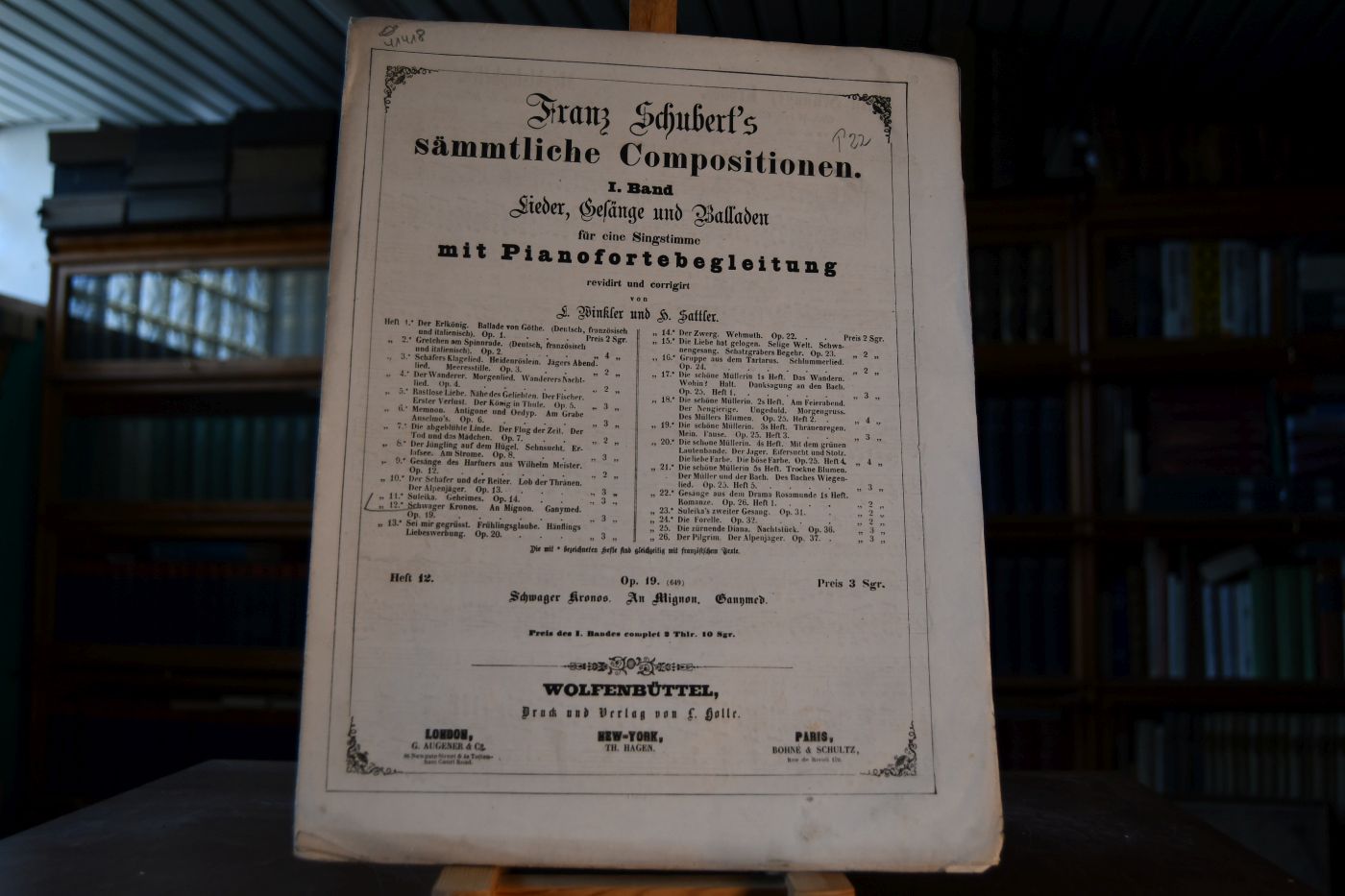 Franz Schubert`s sämmtliche Compositionen. I. Band Lieder, Gesänge und Balladen für eine Singstimme mit Pianofortebegleitung revidirt und corrigirt von L. Winkler und H. Sattler. Heft 12 Op.19 (649) Schwager Chronos, An Mignon, Ganymed.