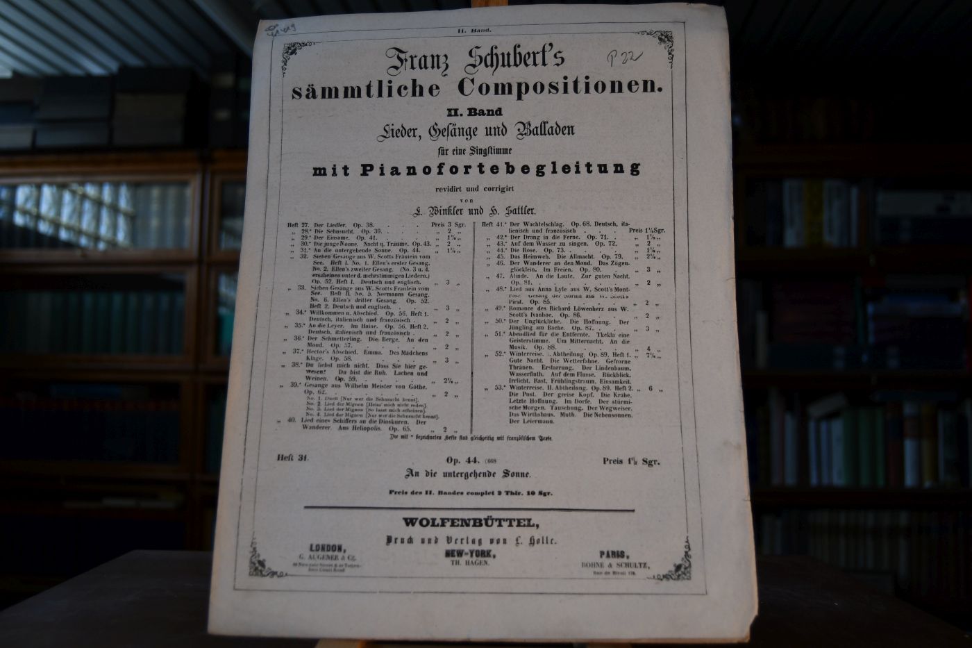 Franz Schubert`s sämmtliche Compositionen. II. Band Lieder, Gesänge und Balladen für eine Singstimme mit Pianofortebegleitung revidirt und corrigirt von L. Winkler und H. Sattler. Heft 31 Op.44 (668) An die untergehende Sonne.
