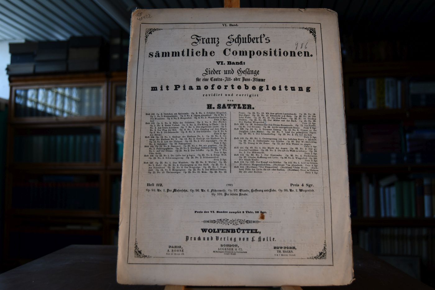 Franz Schubert`s sämmtliche Compositionen. VI. Band Lieder und Gesänge für eine Contra-Alt oder Bass-Stimme mit Begleitung des Pianoforte revidirt und corrigirt von H. Sattler. Heft 112 (792) Op.92.No.1. Der Musensohn. Op. 96.No.4 Fischerweise. Op. 97. Glaube, Hoffnung und Liebe. Op. 98.No.2. Wiegenlied. Op.101. Der blinde Knabe.