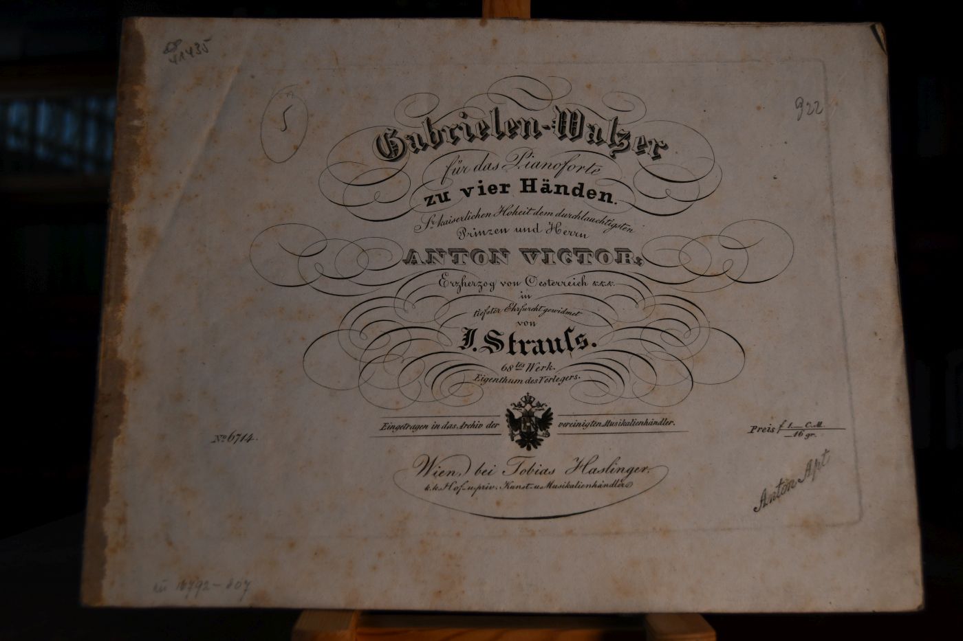 Gabrielen-Walzer für das Pianoforte zu vier Händen. Sr. kaiserlichen Hoheit dem durchlauchtigsten Prinzen und Herrn Anton Victor, Erzherzog von Oesterreich etc. in tiefster Ehrfurcht gewidmet. 68tes Werk.