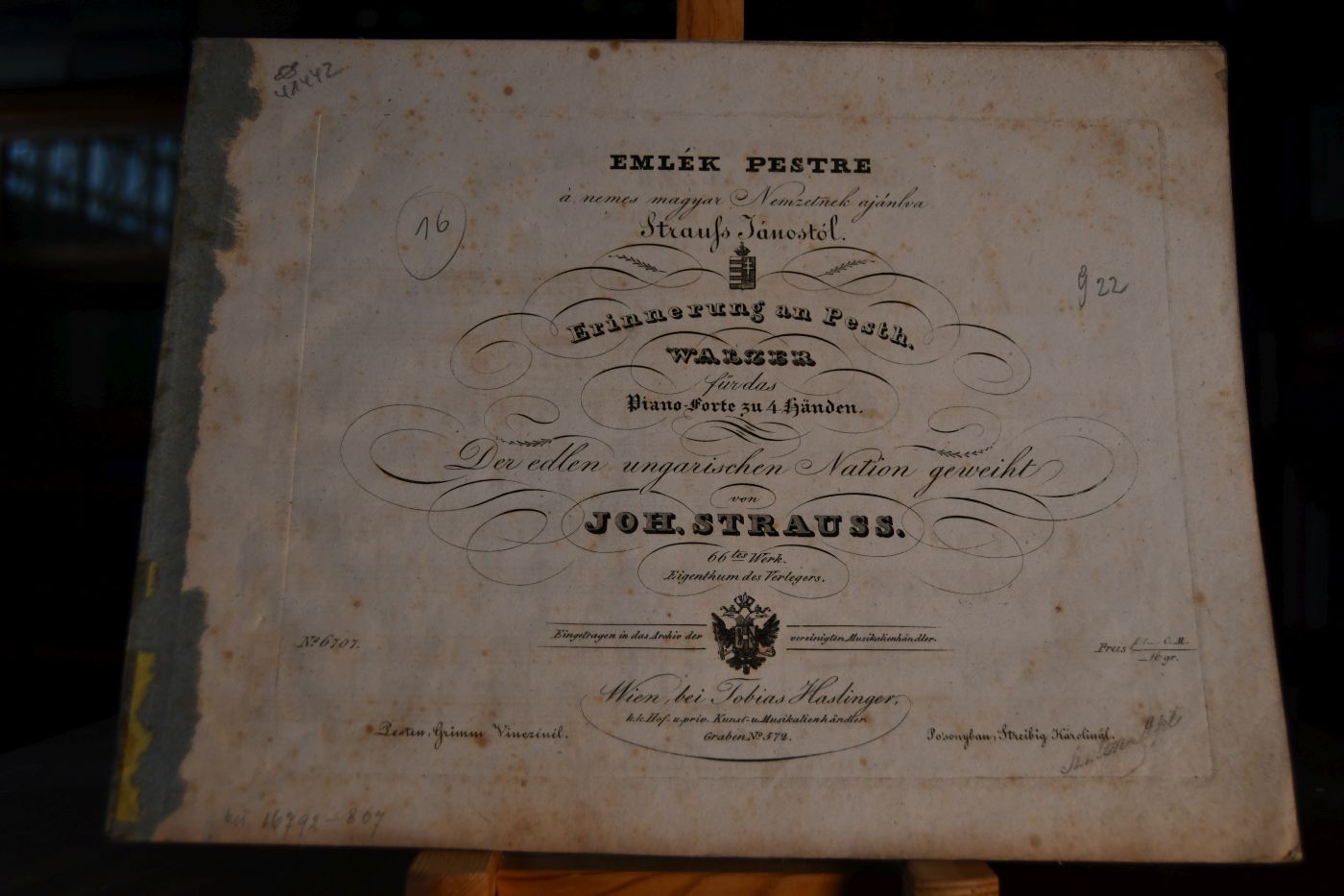 Erinnerung an Pesth. Walzer für das Piano-Forte zu 4 Händen. Der edlen ungarischen Nation geweiht. 66. Werk. Emlek Pestre a nemes magyar Nemzetnek ajanlva Strauss Janostol.