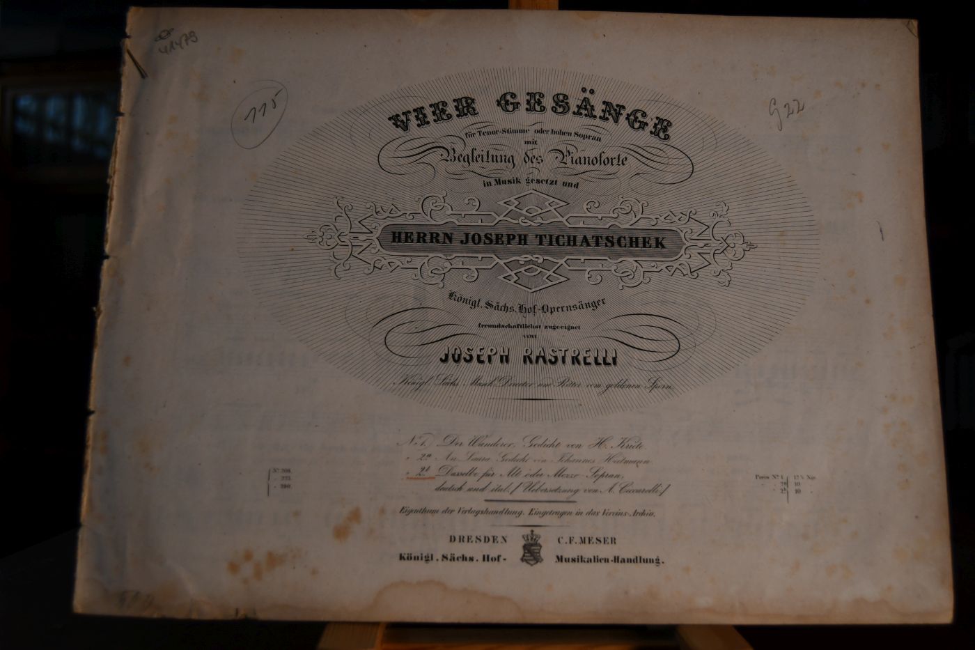 Vier Gesänge für Tenor-Stimme oder hohen Sopran mit Begleitung des Pianoforte in Musik gesetzt und Herrn Joseph Tichatschek Königl. sächs. Hof-Opernsänger freundschaftlichst zugeeignet. Nr. 2b. An Laura, Gedicht von Johannes Heitmann für Alt oder Mezzo-Sopran deutsch und ital. (Übersetzung von A. Ciccardli)