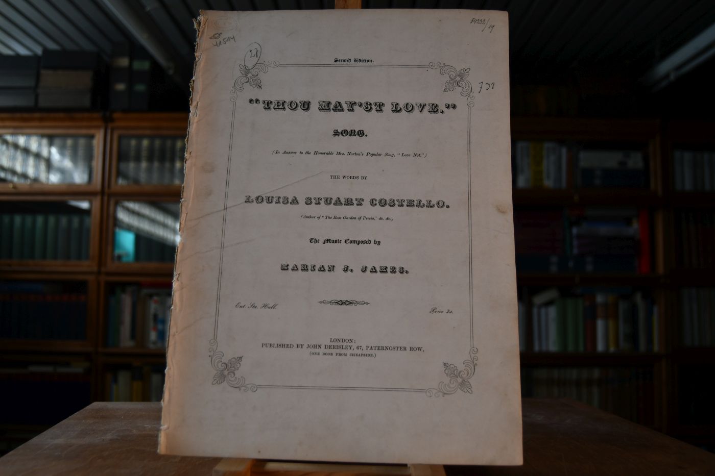 "Thou may`st Love" song (In Answer to the Honorable Mrs. Norton`s Popular Song, "Love Not". The Words by Louisa Stuart Costello (Author of "The Rose Garden of Persia" etc. The Music composed by Marian J. James.