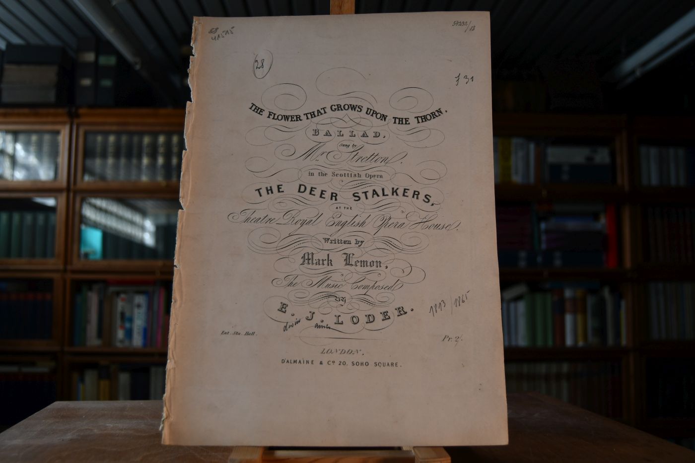 The Flower that grows upon the thorn. Ballad. Sung by Mr. Stretton in the Scottish Opera The Deer Stalkers at the Theatre Royal English Opera House. Written by Mark Lemon, the music composed by E.J. Loder.
