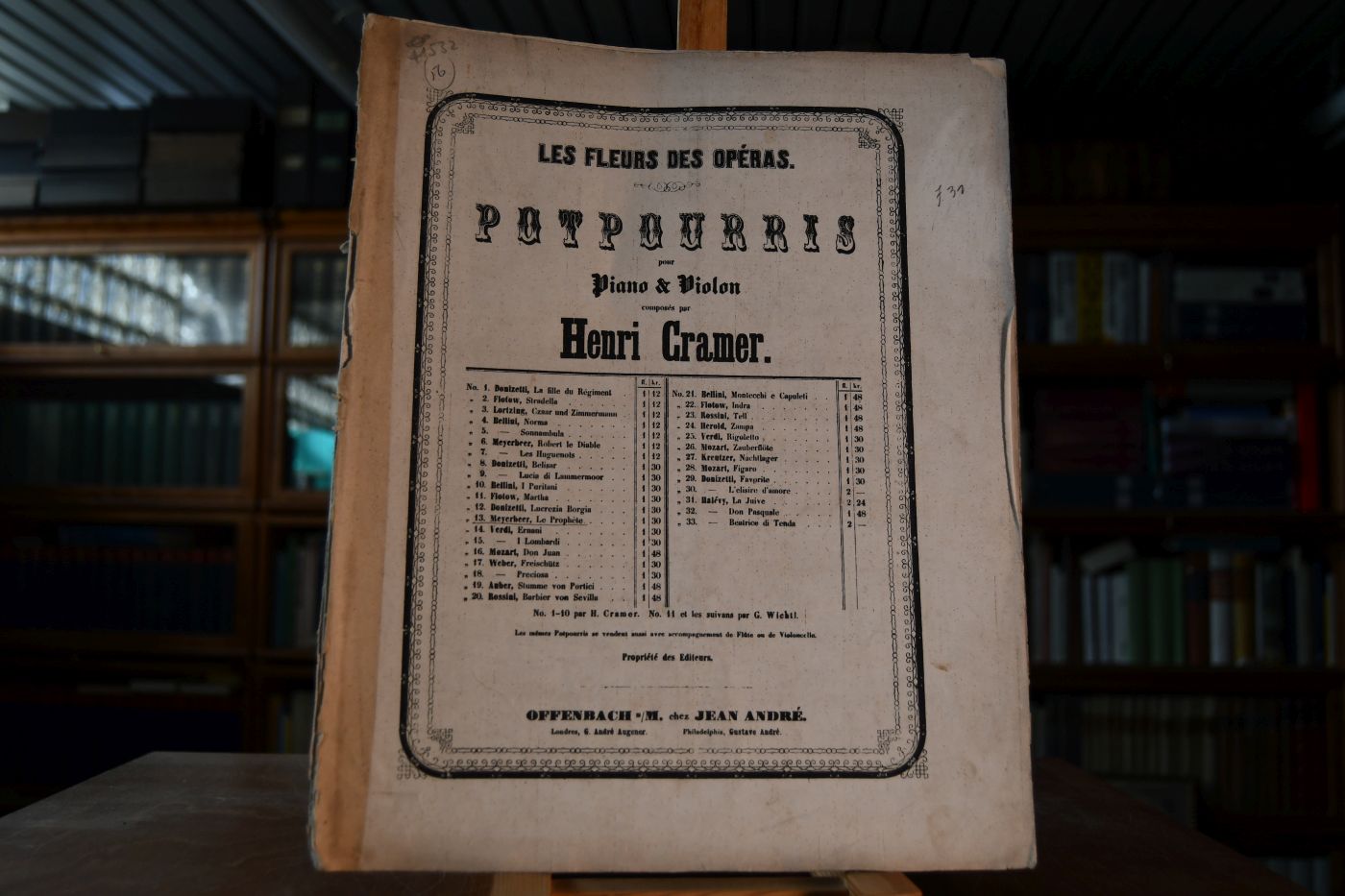 Le Prophete. Les Fleurs des Operas. Potpourris pour Piano & Violin composes par Henri Cramer No.13.