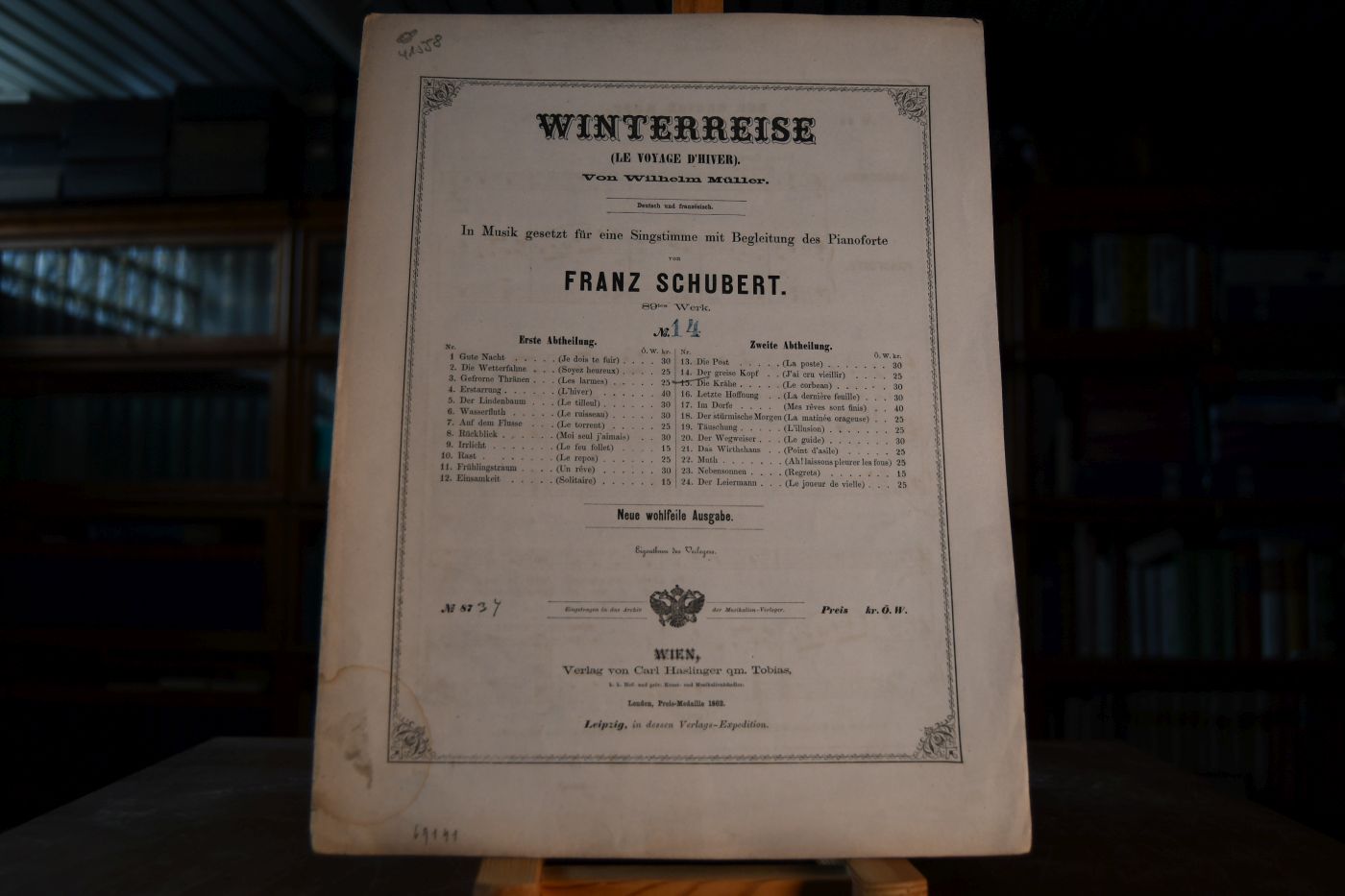 Winterreise (Le Voyage d`Hiver) von Wilhelm Müller. Deutsch und französisch. In Musik gesetzt für eine Singstimme mit Begleitung des Pianoforte von Franz Schubert. 89. Werk No. 14 Der greise Kopf.