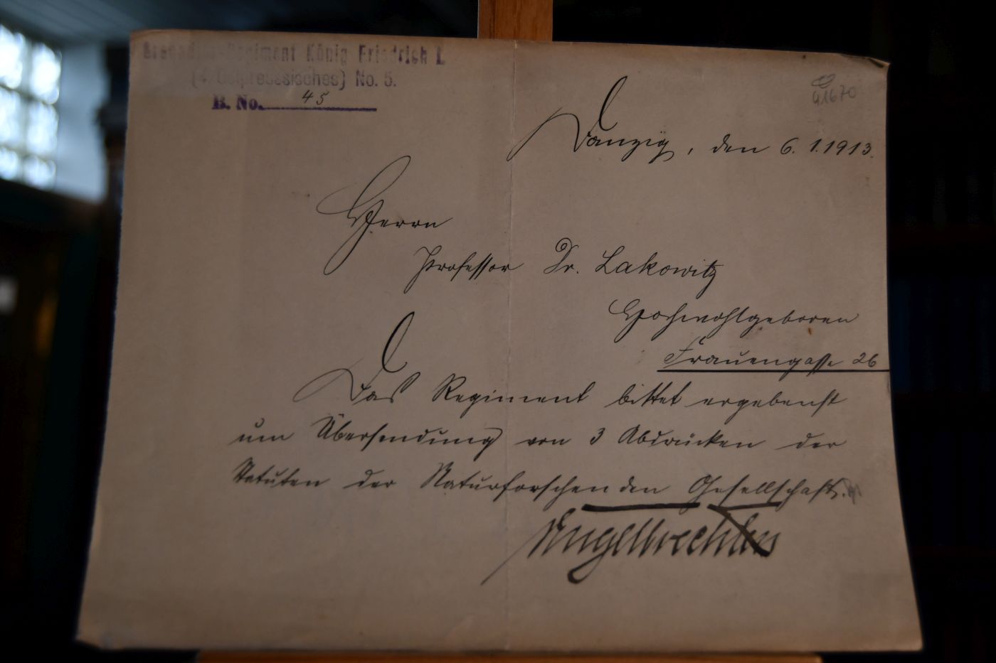 Schreiben des späteren Generals der Infanterie Georg von Engelbrechten (1855-1935) an den Danziger Lehrer und Botaniker Konrad Lakowitz(1859-1945) vom 6.1.1913.