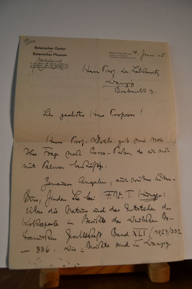 Schreiben des deutschen Botanikers Carl oder Karl Ewald Max, Maximilian Burret (1883–1964) vom 4. Juni 1935 an den Danziger Lehrer und Botaniker Konrad Lakowitz (1859-1945).
