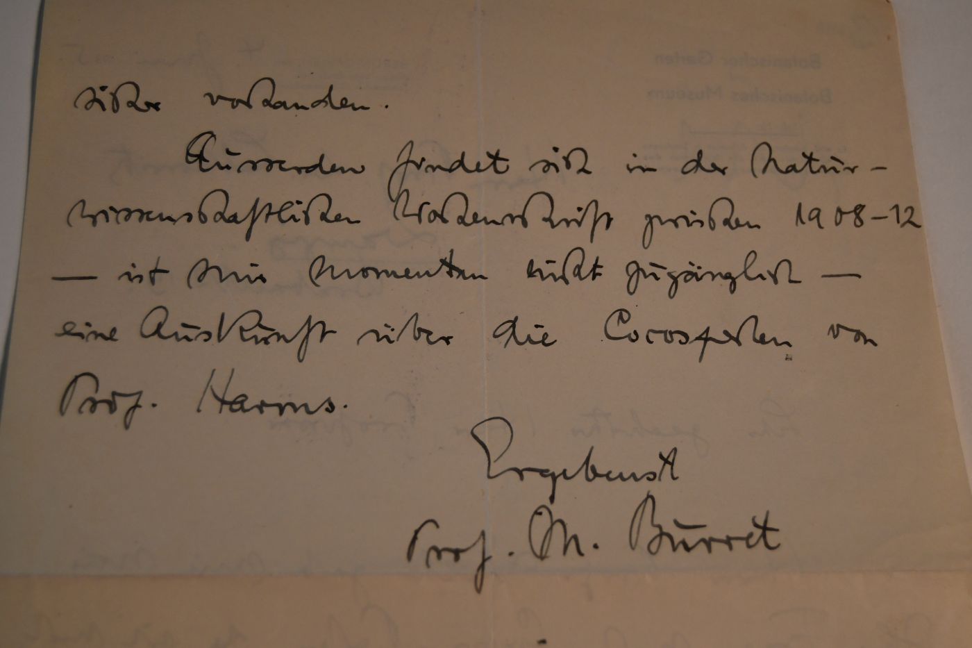 Schreiben des deutschen Botanikers Carl oder Karl Ewald Max, Maximilian Burret (1883–1964) vom 4. Juni 1935 an den Danziger Lehrer und Botaniker Konrad Lakowitz (1859-1945).