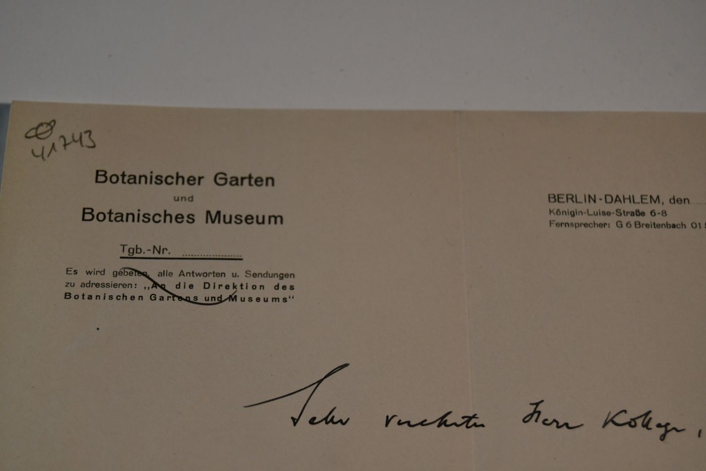 Schreiben des deutschen Botanikers und Direktors des Botanischen Gartens in Berlin-Dahlem Ludwig Diels (1874-1945) vom 2. November 1933 an den Danziger Lehrer und Botaniker Konrad Lakowitz (1859-1945).