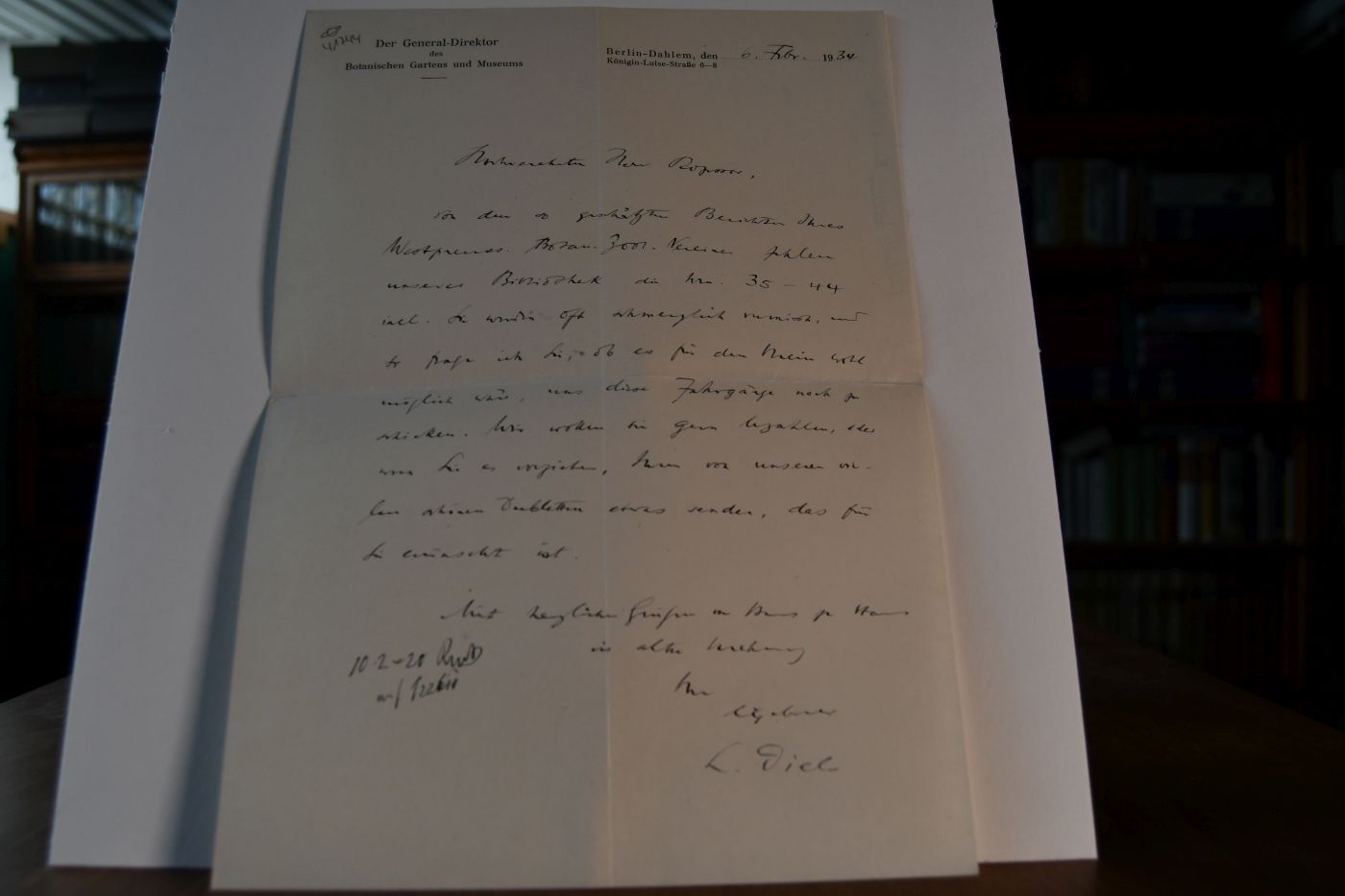 Schreiben des deutschen Botanikers und Direktors des Botanischen Gartens in Berlin-Dahlem Ludwig Diels (1874-1945) vom 6. Februar 1934 an den Danziger Lehrer und Botaniker Konrad Lakowitz (1859-1945).