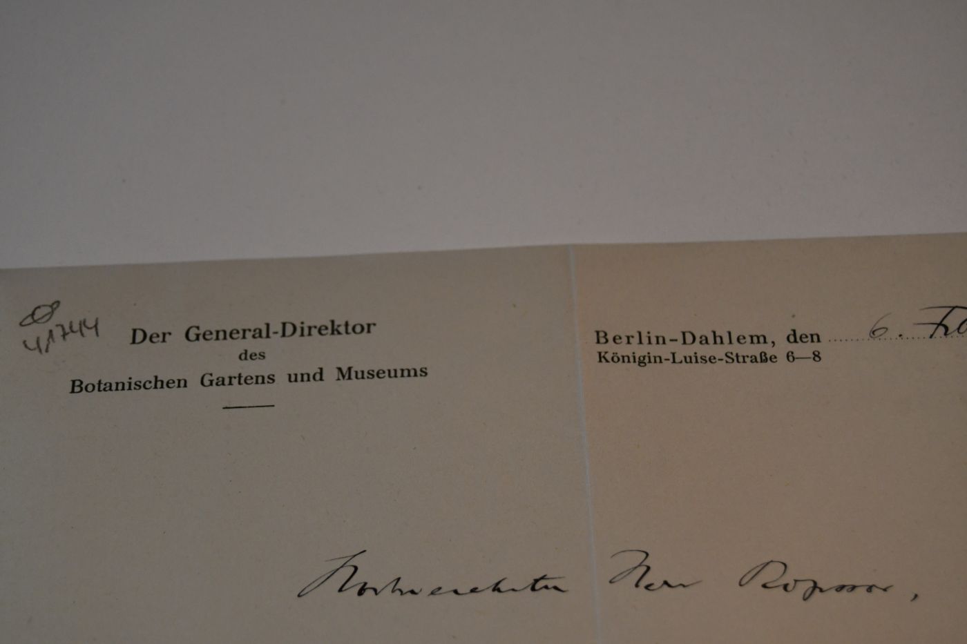 Schreiben des deutschen Botanikers und Direktors des Botanischen Gartens in Berlin-Dahlem Ludwig Diels (1874-1945) vom 6. Februar 1934 an den Danziger Lehrer und Botaniker Konrad Lakowitz (1859-1945).