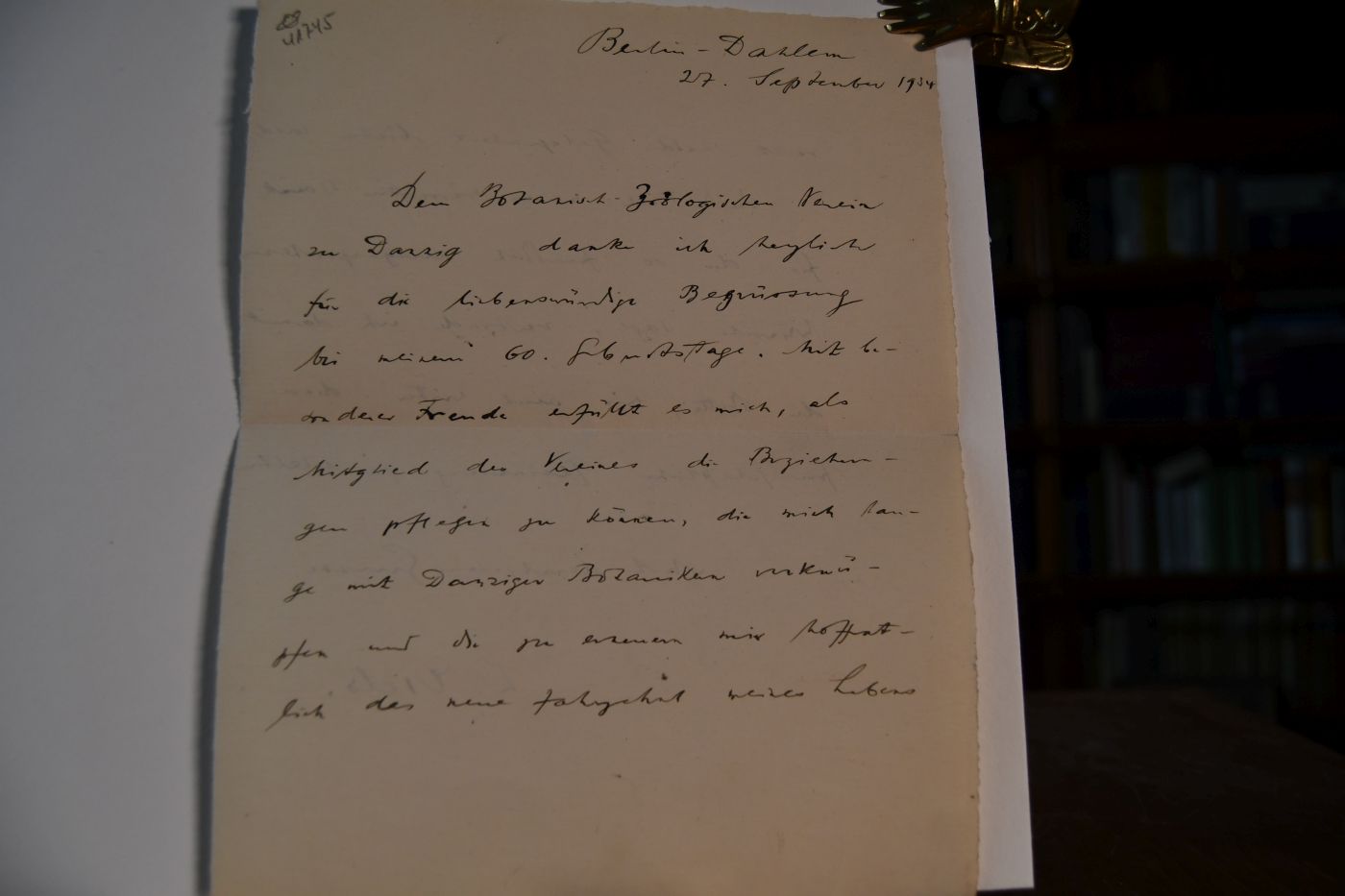 Schreiben des deutschen Botanikers und Direktors des Botanischen Gartens in Berlin-Dahlem Ludwig Diels (1874-1945) vom 27. September 1934 an den Danziger Lehrer und Botaniker Konrad Lakowitz (1859-1945).