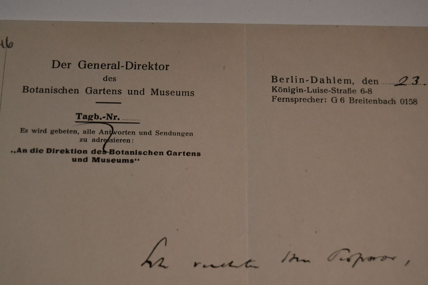 Schreiben des deutschen Botanikers und Direktors des Botanischen Gartens in Berlin-Dahlem Ludwig Diels (1874-1945) vom 23. November 1934 an den Danziger Lehrer und Botaniker Konrad Lakowitz (1859-1945).