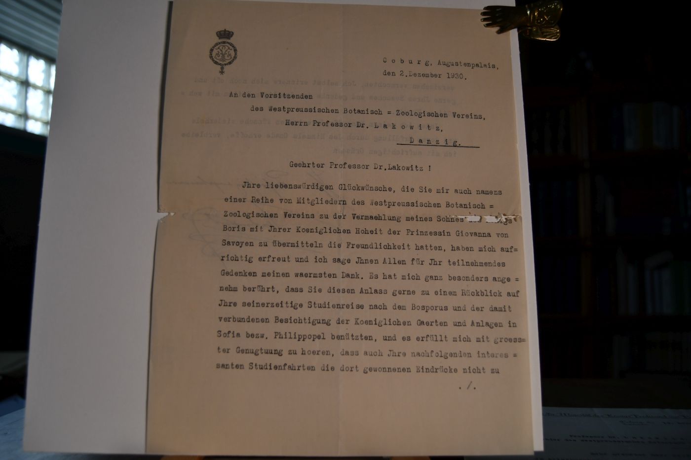 Unterschriebenes, maschinenschriftliches Schreiben von Ferdinand I. von Bulgarien, König (Zar) aus dem Hause Sachsen-Coburg-Gotha (1861-1948) vom 2. Dezember 1930 an den Danziger Lehrer und Botaniker Konrad Lakowitz (1859-1945).