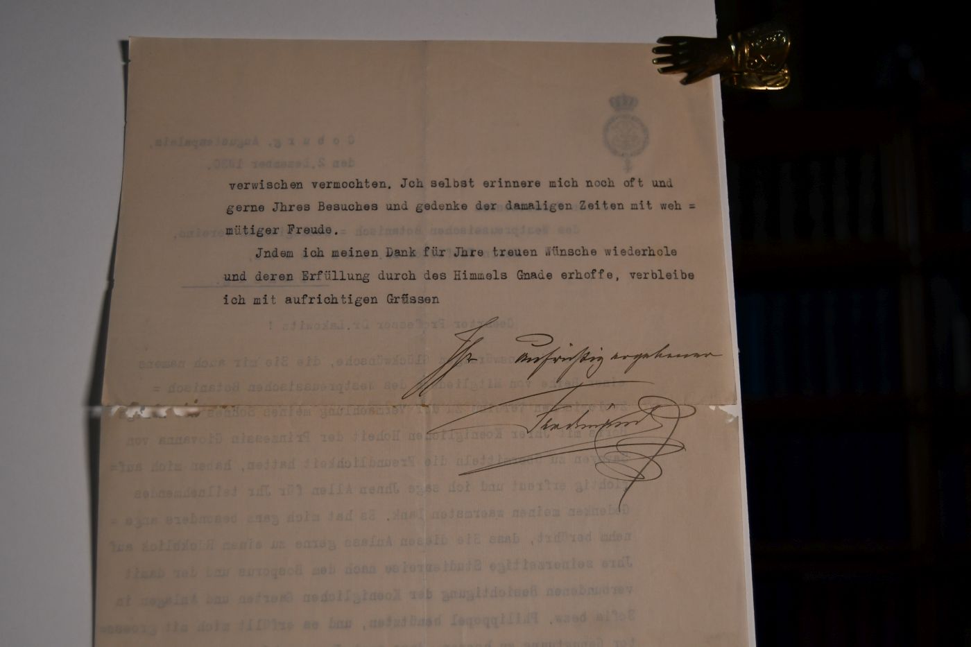 Unterschriebenes, maschinenschriftliches Schreiben von Ferdinand I. von Bulgarien, König (Zar) aus dem Hause Sachsen-Coburg-Gotha (1861-1948) vom 2. Dezember 1930 an den Danziger Lehrer und Botaniker Konrad Lakowitz (1859-1945).