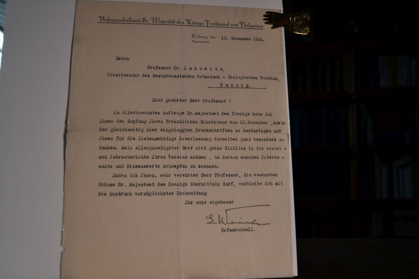 Unterschriebenes, maschinenschriftliches Schreiben von Ferdinand I. von Bulgarien, König (Zar) aus dem Hause Sachsen-Coburg-Gotha (1861-1948) vom 2. Dezember 1930 an den Danziger Lehrer und Botaniker Konrad Lakowitz (1859-1945).