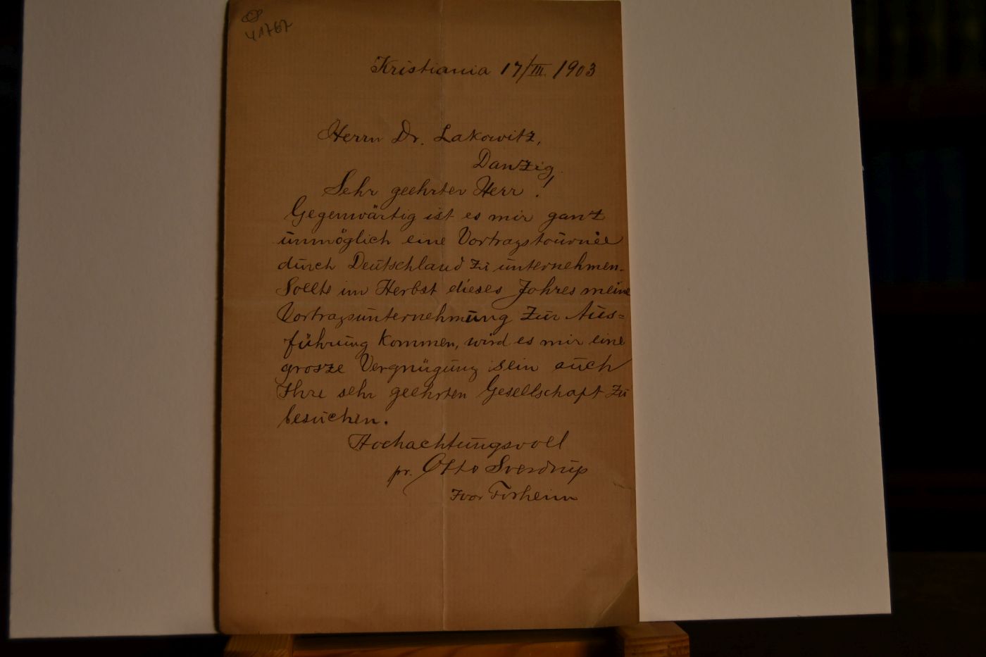 Handschriftliches Schreiben des norwegischen Seefahrers und Polarforschers Otto Neumann Knoph Sverdrup (1854 - 1930) vom 17. März 1903 an den Danziger Lehrer und Botaniker Konrad Lakowitz (1859-1938).