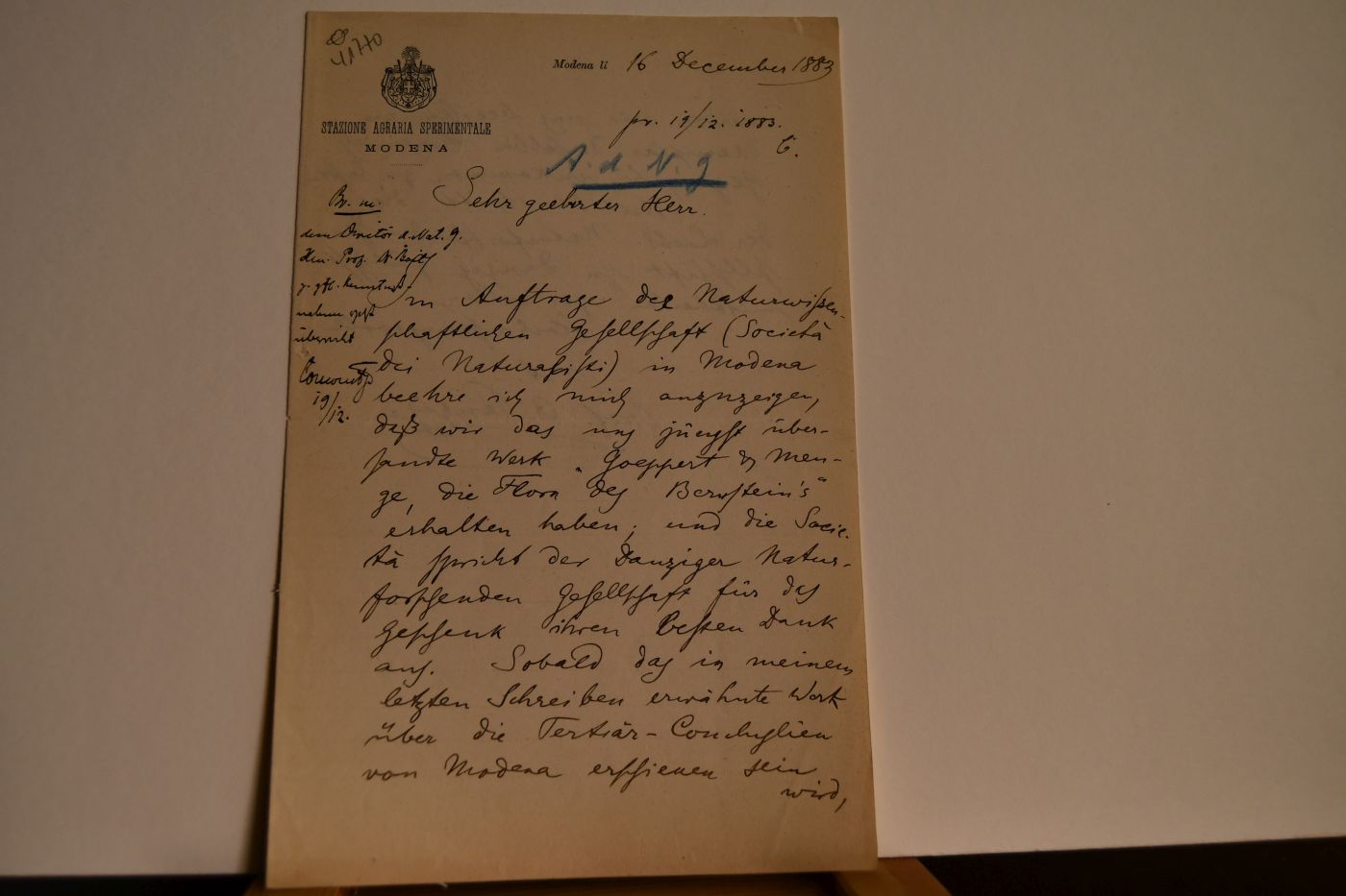 Handschriftliches Schreiben des deutsch-italienischen Botanikers Albert Julius Otto Penzig (auch Albertus Giulio Ottone Penzig 1856-1929) vom 16. Dezember 1883 an den Danziger Lehrer und Botaniker Konrad Lakowitz (1859-1938).