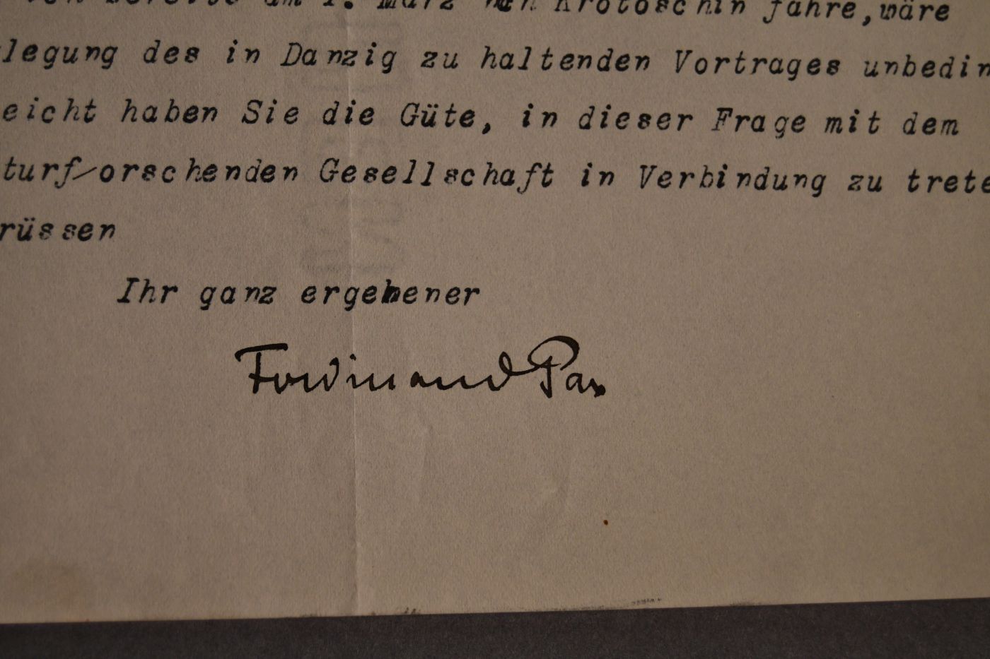 Unterschriebenes, maschinenschriftliches Schreiben des deutschen Zoologen Ferdinand Albert Pax ( 1885-1964) vom 20. Februar 1923 an den Danziger Lehrer und Botaniker Konrad Lakowitz (1859-1938).