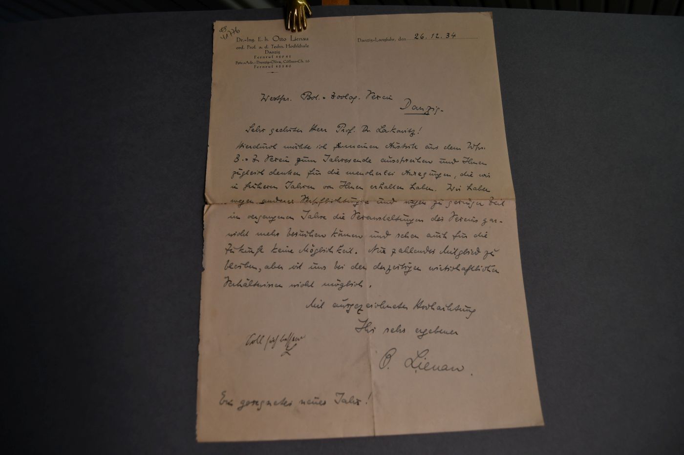 Handschriftliches Schreiben des deutschen Schiffbauingenieurs und Hochschullehrers Otto Lienau (1877-1945) vom 26. Dezember 1934 an den Danziger Lehrer und Botaniker Konrad Lakowitz (1859-1938).
