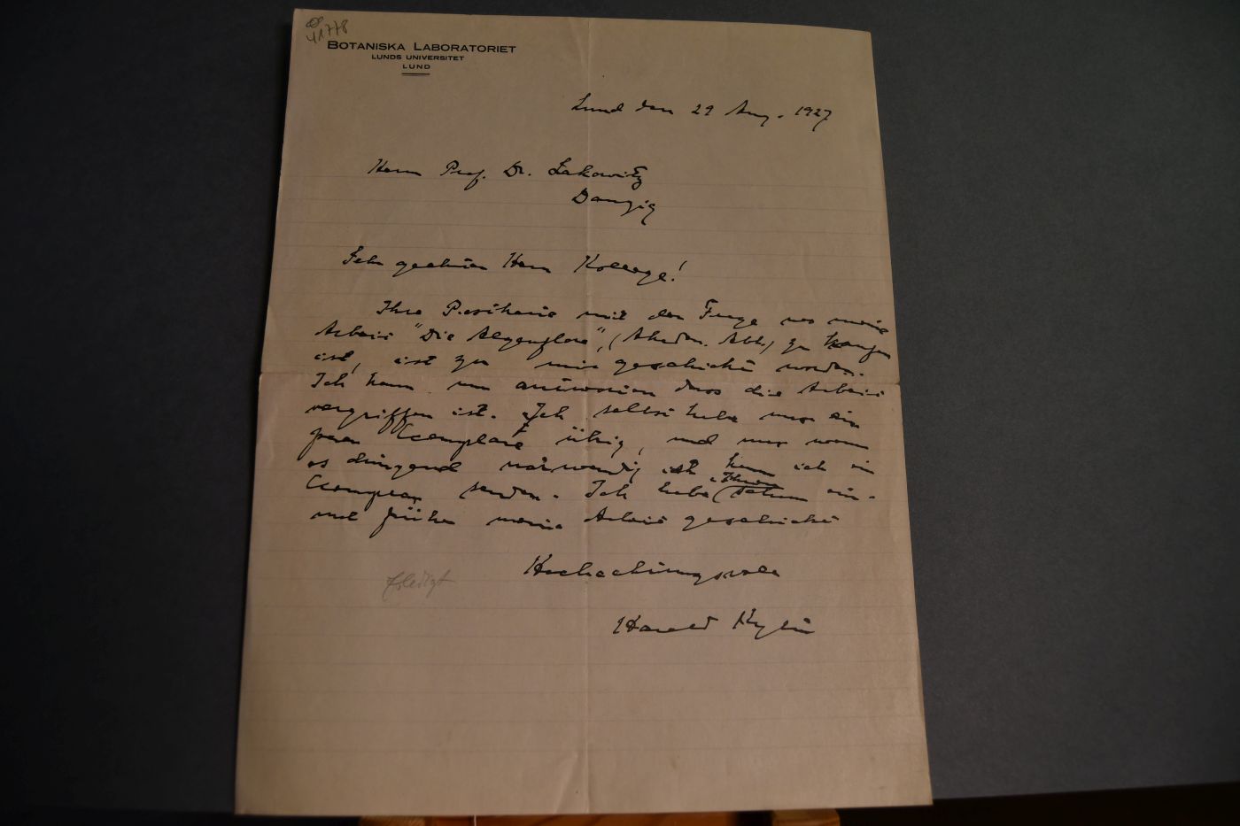 Handschriftliches Schreiben des schwedischen Botanikers Johann Harald Kynlin (1879-1949) vom 29. August 1927 an den Danziger Lehrer und Botaniker Konrad Lakowitz (1859-1938).