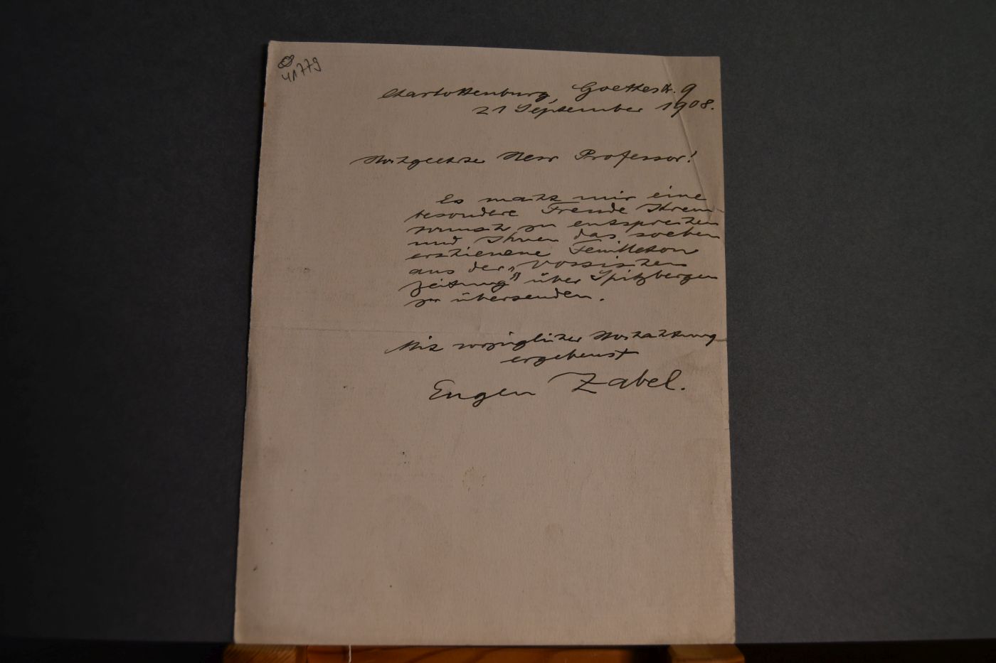 Handschriftliches Schreiben des deutschen Journalisten und Schriftstellers Eugen Zabel (1851-1924) vom 21. September 1908 an den Danziger Lehrer und Botaniker Konrad Lakowitz (1859-1938).