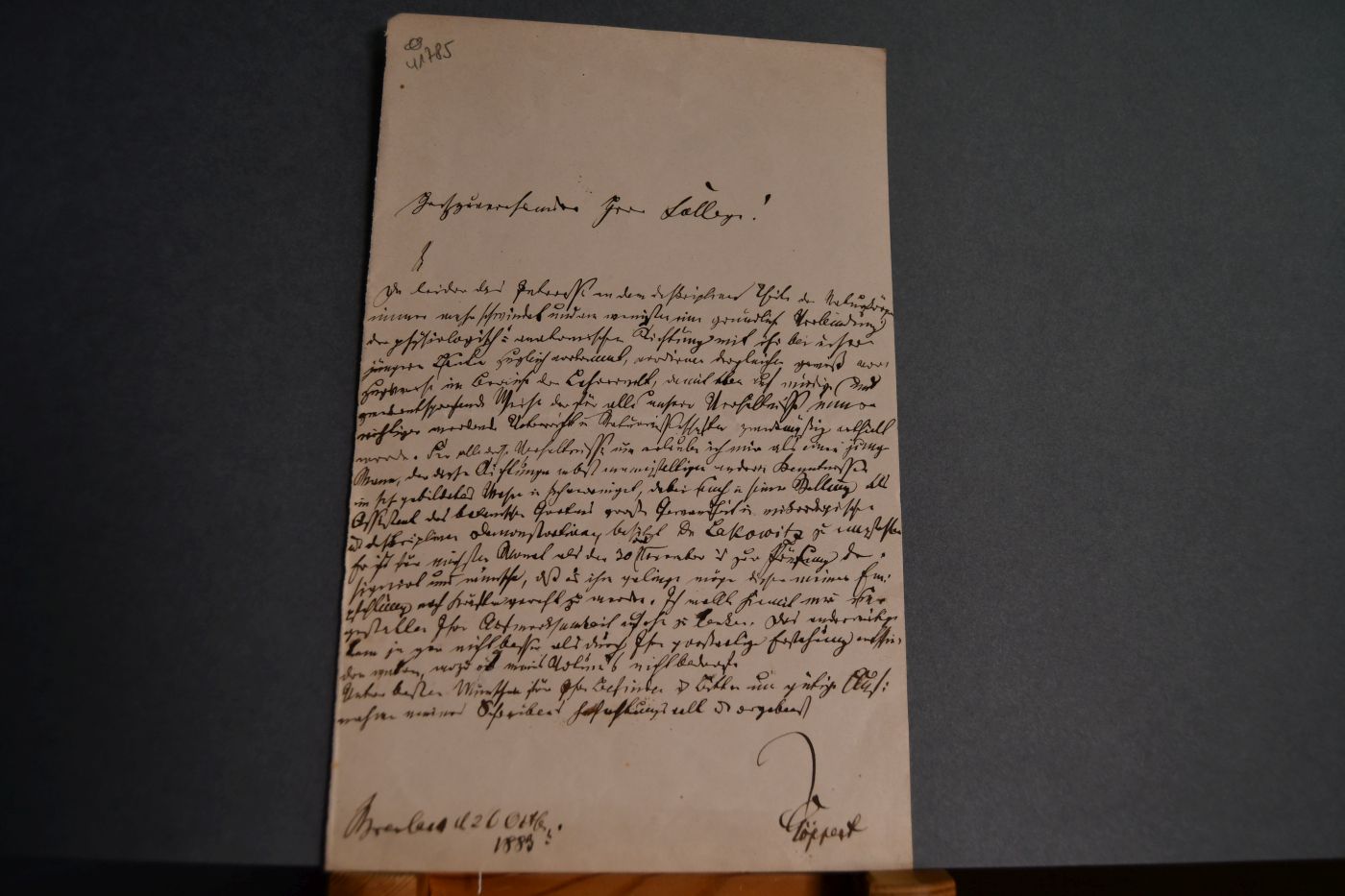 Brief des deutschen Botanikers Johann Heinrich Robert Göppert (1800-1884) an die Naturforschenden Gesellschaft Danzig vom 26. Oktober 1883.