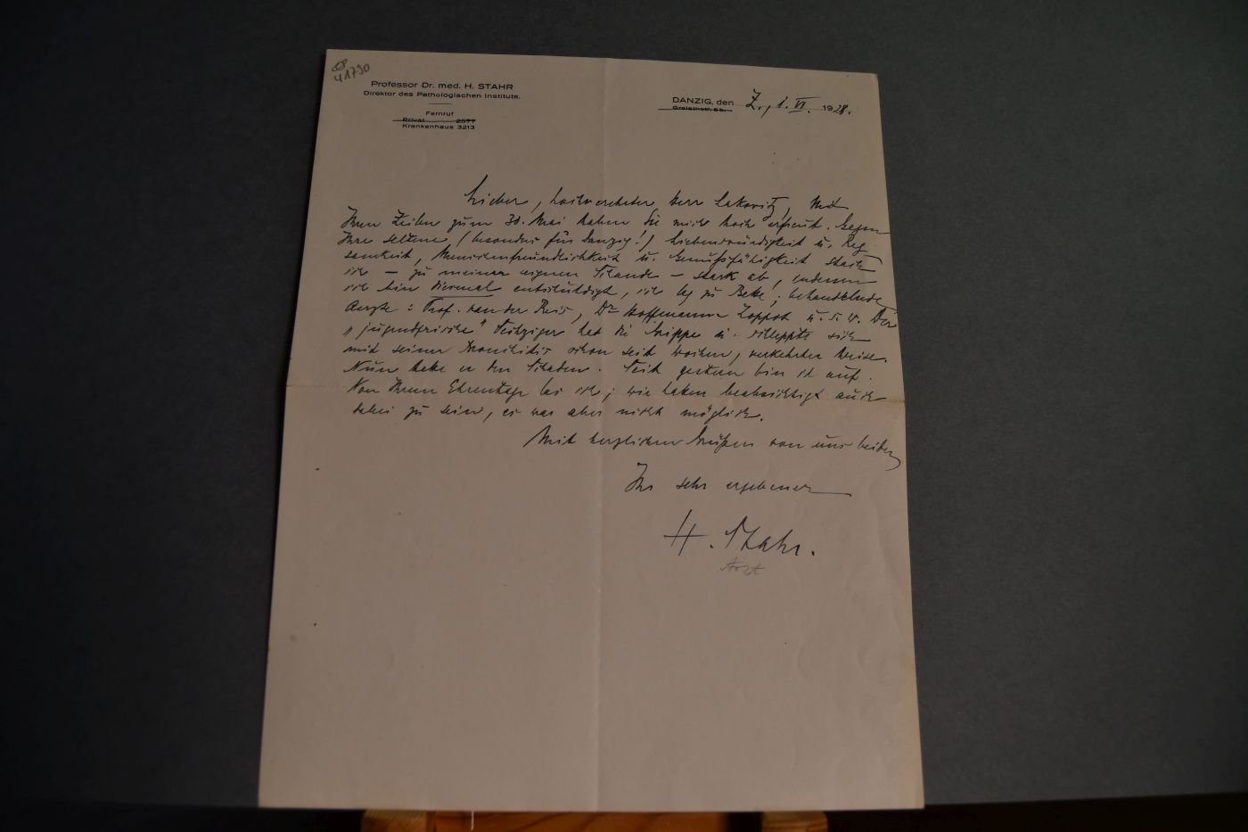 Handschriftlicher Brief des deutschen Pathologen Hermann Stahr (1868 - 1947) an den Danziger Lehrer und Botaniker Konrad Lakowitz (1859-1945) vom 1. Juni 1928.