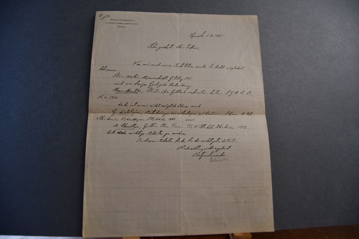 Brief des schwedischen Botanikers, Geologen und Archäobotanikers Rutger Sernander (1866-1944) an den Danziger Lehrer und Botaniker Konrad Lakowitz (1859-1945) vom 5. August 1926.