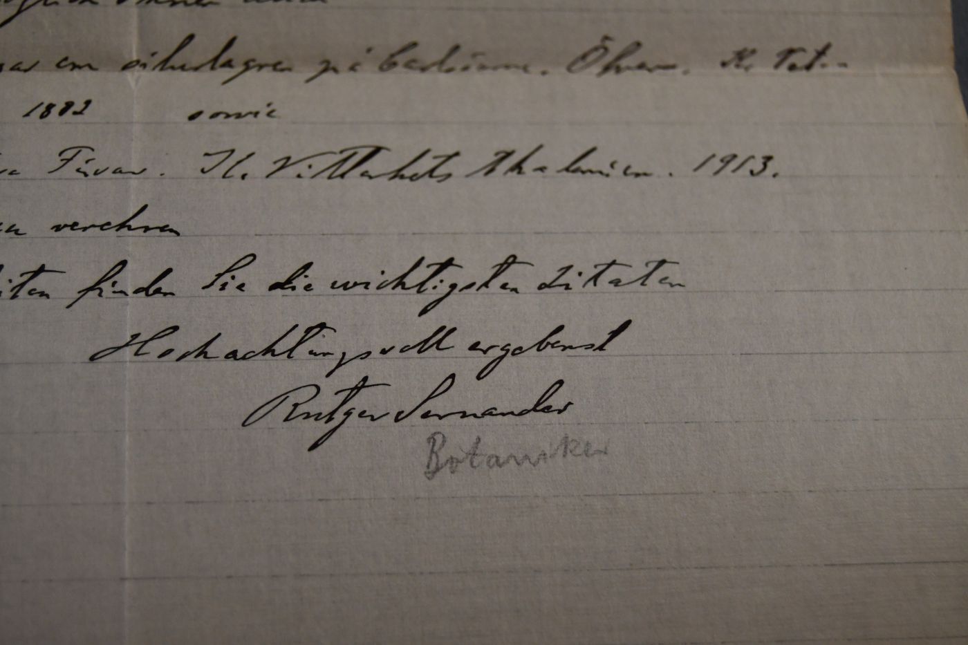 Brief des schwedischen Botanikers, Geologen und Archäobotanikers Rutger Sernander (1866-1944) an den Danziger Lehrer und Botaniker Konrad Lakowitz (1859-1945) vom 5. August 1926.