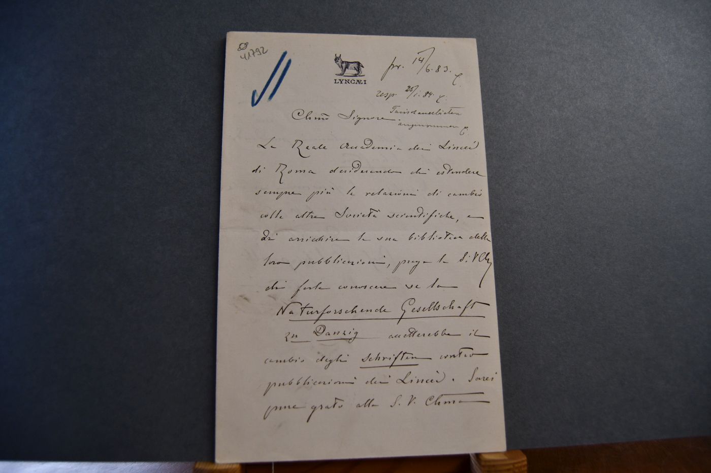 Handschriftlicher Brief des italienischen Arabisten Celestino Schiaparelli (1841-1919) an die Naturforschende Gesellschaft in Danzig vom 14. Juni 1883.