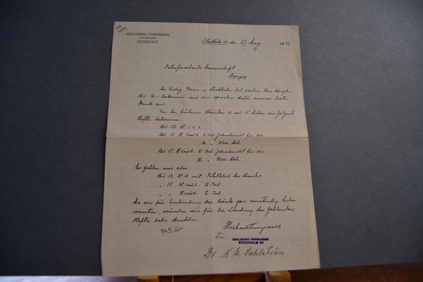 Handschriftlicher Brief des schwedischen Geologen und Archäologen Karl Esaias Sahlström (1884-1964) an die Naturforschende Gesellschaft in Danzig vom 27. August 1923.