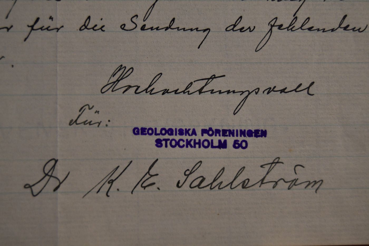 Handschriftlicher Brief des schwedischen Geologen und Archäologen Karl Esaias Sahlström (1884-1964) an die Naturforschende Gesellschaft in Danzig vom 27. August 1923.