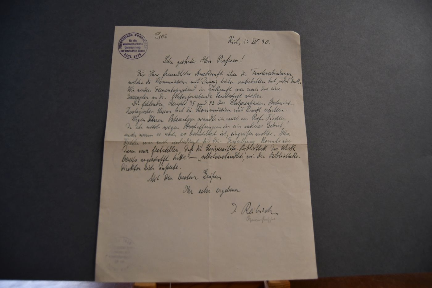 Handschriftlicher Brief des deutschen Zoologen und Meeresforschers Johann Reibisch (1868 - 1948) an den Danziger Lehrer und Botaniker Konrad Lakowitz (1859-1945) vom 23. April 1930.