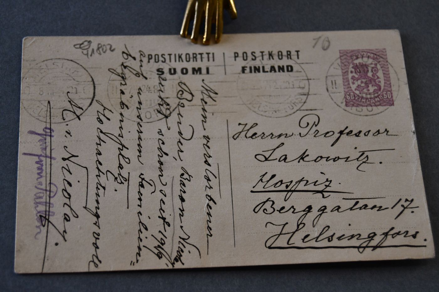 Handschriftliche Karte der Besitzerin von Monrepos (Wyborg) Marie Alexandrine von Nicolay (1866-1942) an den Danziger Lehrer und Botaniker Konrad Lakowitz (1859-1945) vom 7. Juli 1924.