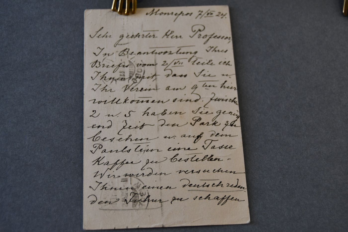 Handschriftliche Karte der Besitzerin von Monrepos (Wyborg) Marie Alexandrine von Nicolay (1866-1942) an den Danziger Lehrer und Botaniker Konrad Lakowitz (1859-1945) vom 7. Juli 1924.