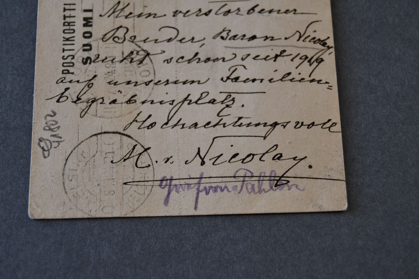 Handschriftliche Karte der Besitzerin von Monrepos (Wyborg) Marie Alexandrine von Nicolay (1866-1942) an den Danziger Lehrer und Botaniker Konrad Lakowitz (1859-1945) vom 7. Juli 1924.