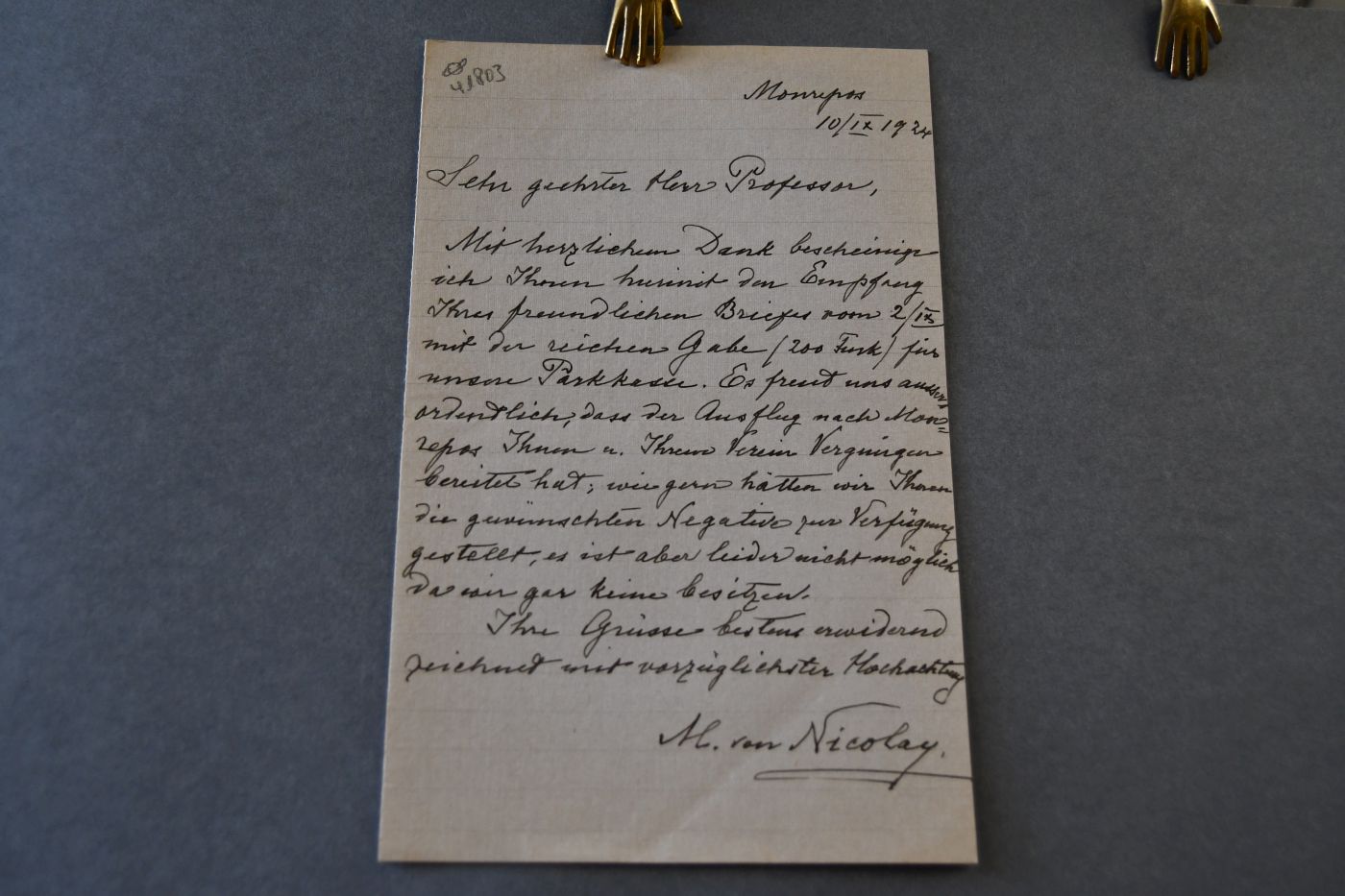Handschriftliche Brief der Besitzerin von Monrepos (Wyborg) Marie Alexandrine von Nicolay (1866-1942) an den Danziger Lehrer und Botaniker Konrad Lakowitz (1859-1945) vom 10. September 1924.