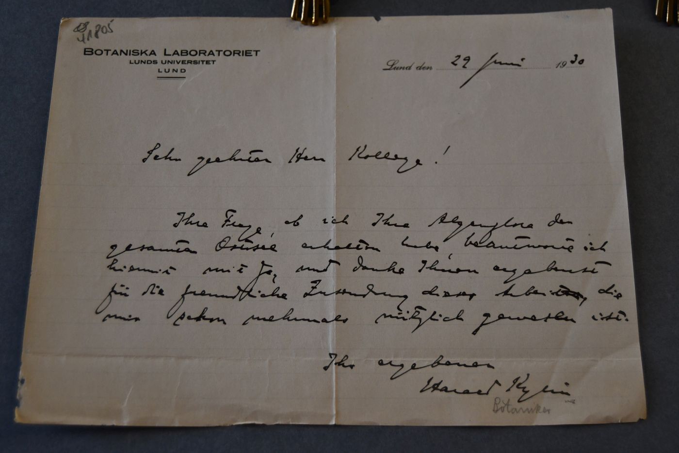 Handschriftliches Schreiben des schwedischen Botanikers Johann Harald Kynlin (1879-1949) vom 29. Juni 1930 an den Danziger Lehrer und Botaniker Konrad Lakowitz (1859-1938).